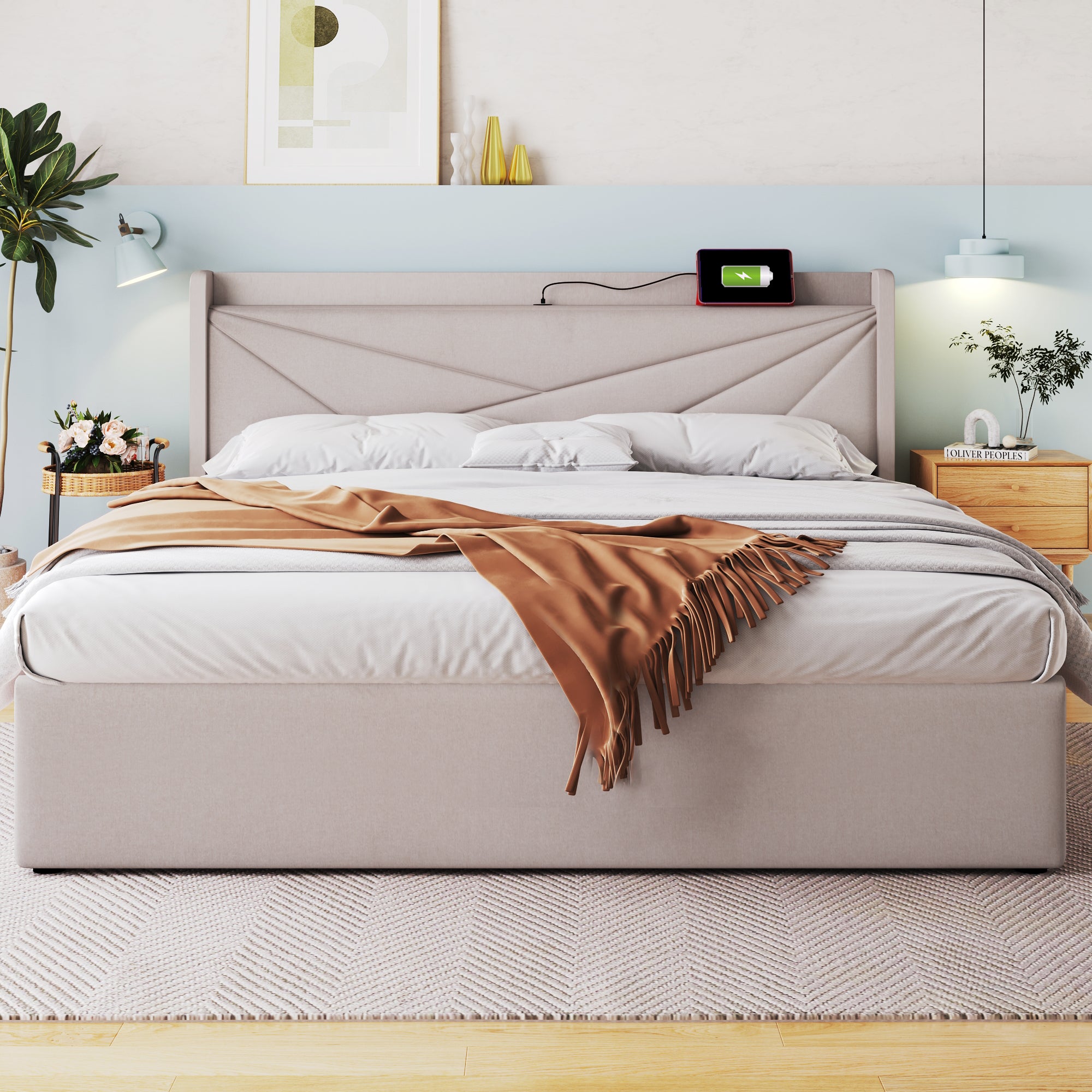 Lit rembourré lit double coffre de rangement avec fonction de charge USB Type C tête de lit, lits de rangement cadre de lit en lin lit jeune 140x200 - 2