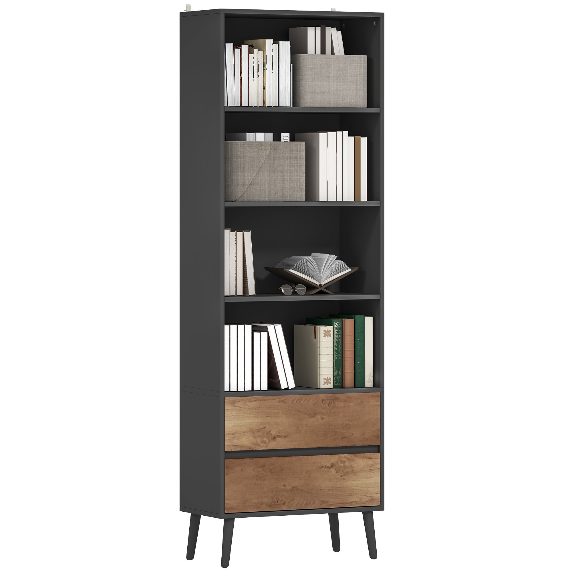 Bibliothèque Meuble De Rangement Avec 4 Compartiments Ouverts Et 2 Tiroirs 60 X 30 X 179 Cm Gris 99061517