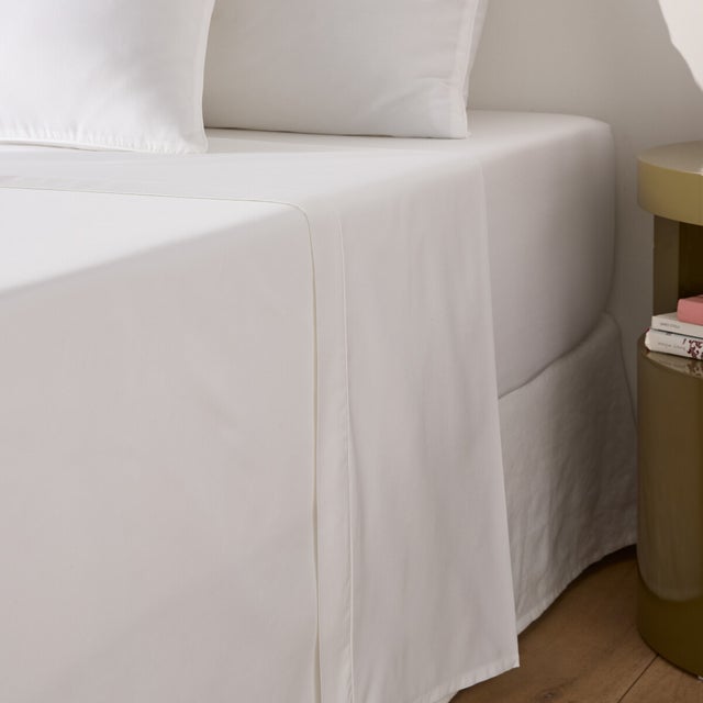 Drap plat uni en satin de coton, Opale - Blanc - 180 x 290 cm