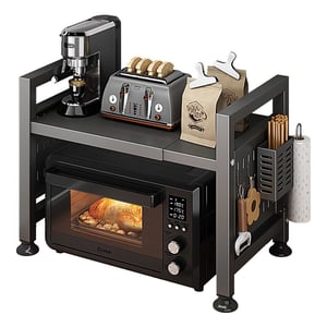 Supporto microonde multifunzionale cucina 53 cm grigio scuro con doppio ripiano e 6 ganci | Leroy Merlin
