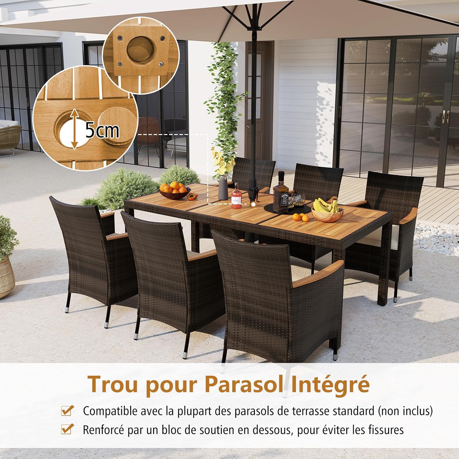 Salon de Jardin en Rotin 9 Pièces pour 8 Personnes Plateau de Table en Acacia, Ensemble de Salle à Manger , Chaise Charge 180KG, Marron+Beige - 8