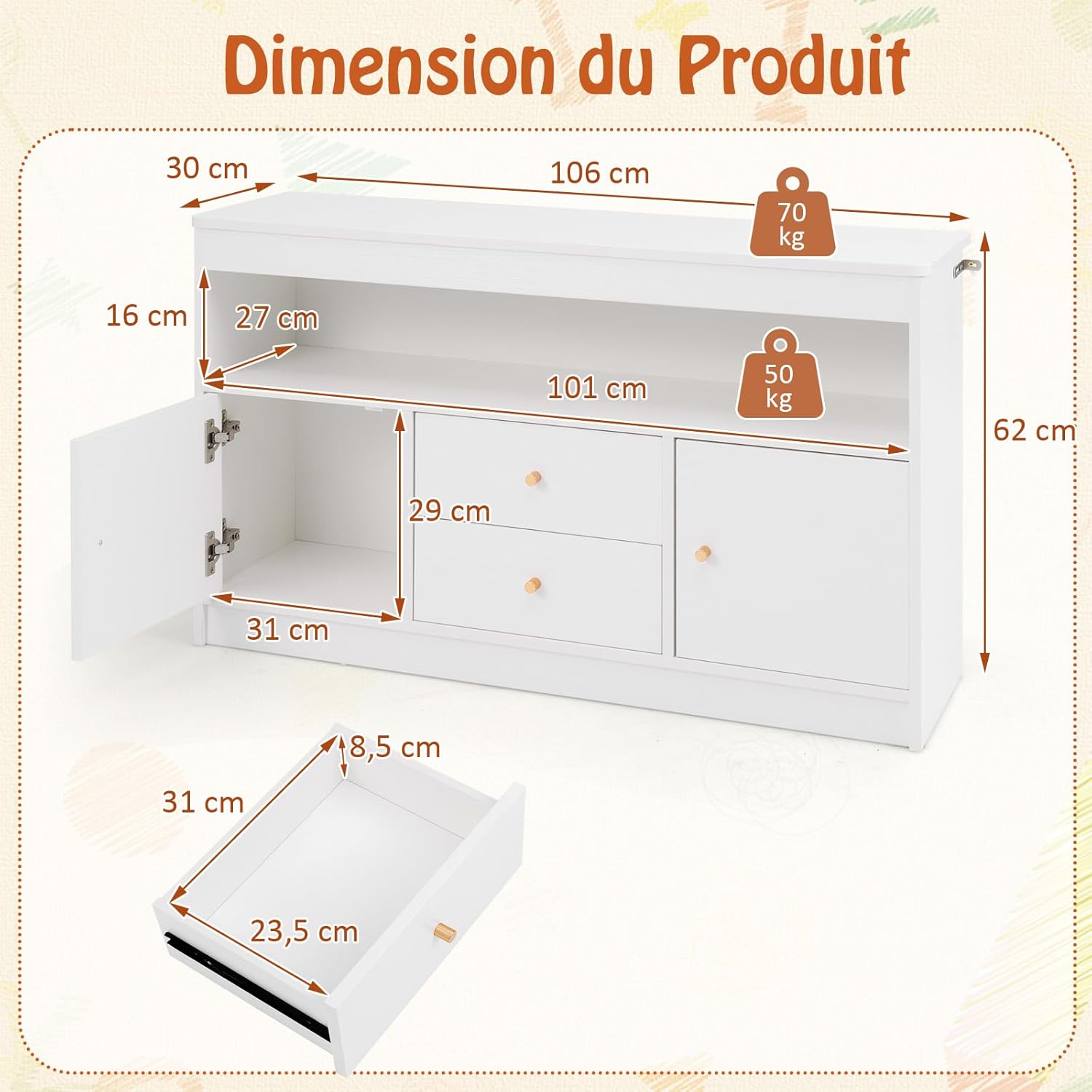 Organizador de Arrumação, Cómoda para Brinquedos Infantis, 2 Gavetas, 2 Armários Fechados, 1 Compartimento Aberto para Quarto, Escritório (Branco) - 3