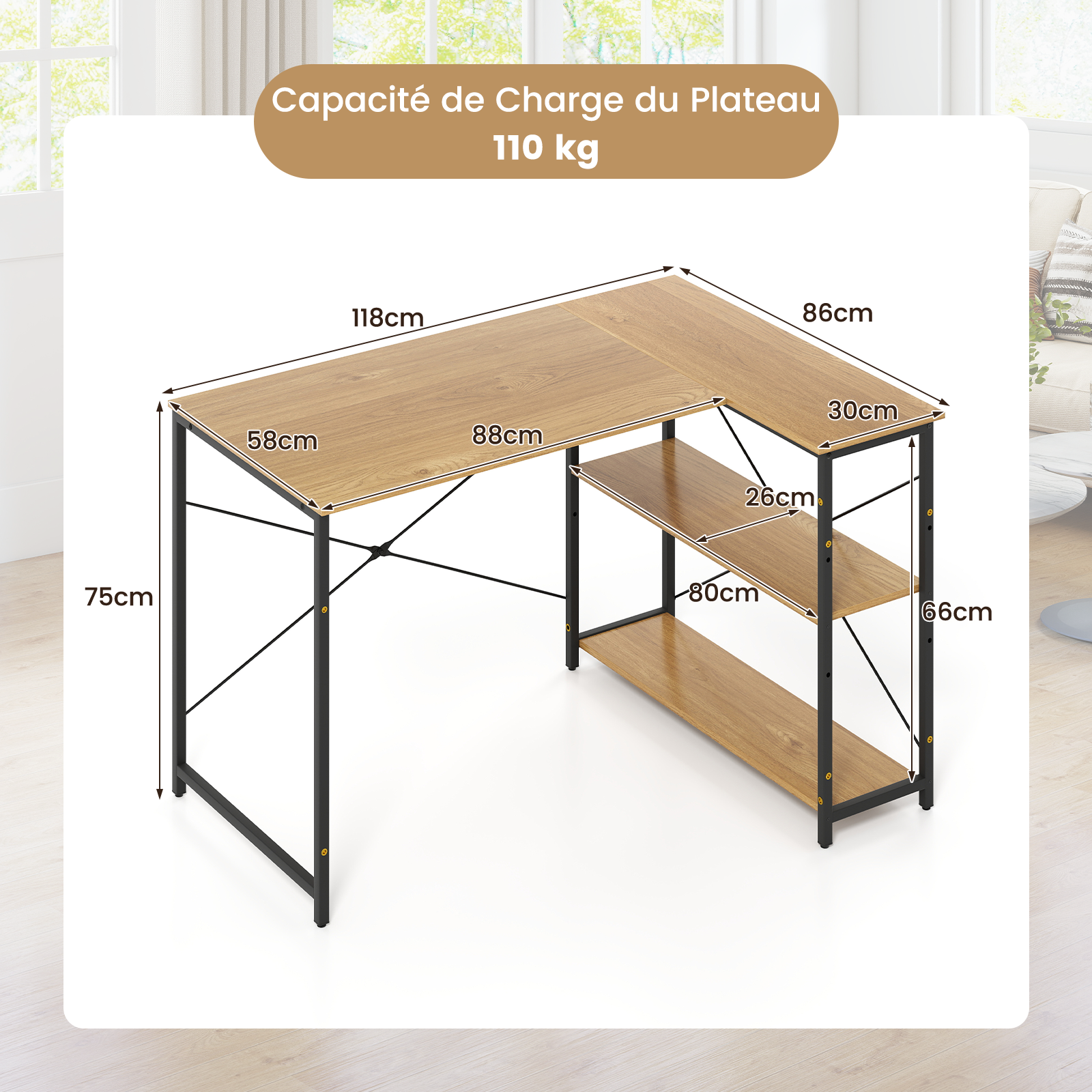 Bureau d'Ordinateur en Forme de L, Bureau d'angle Réversible avec Étagère Réglable, Table d'Étude Gain de Place, Naturel - 4