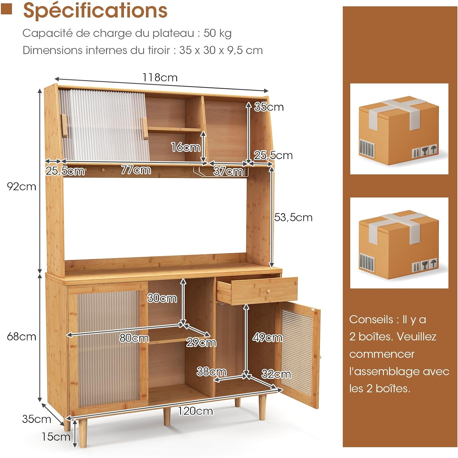 Credenza da Cucina, Mobiletto da Cucina con Anta in Vetro Temperato, Cassetto, Scaffali Aperti e Ganci, in Bambù, per Sala da Pranzo, Cucina, - 4