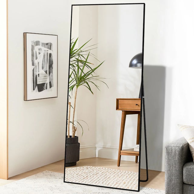 Miroir sur pied pleine longueur, 180 x 80 cm, Noir HD, cadre en alliage d'aluminium, miroir mural en verre trempé, idéal pour la chambre, le dressing