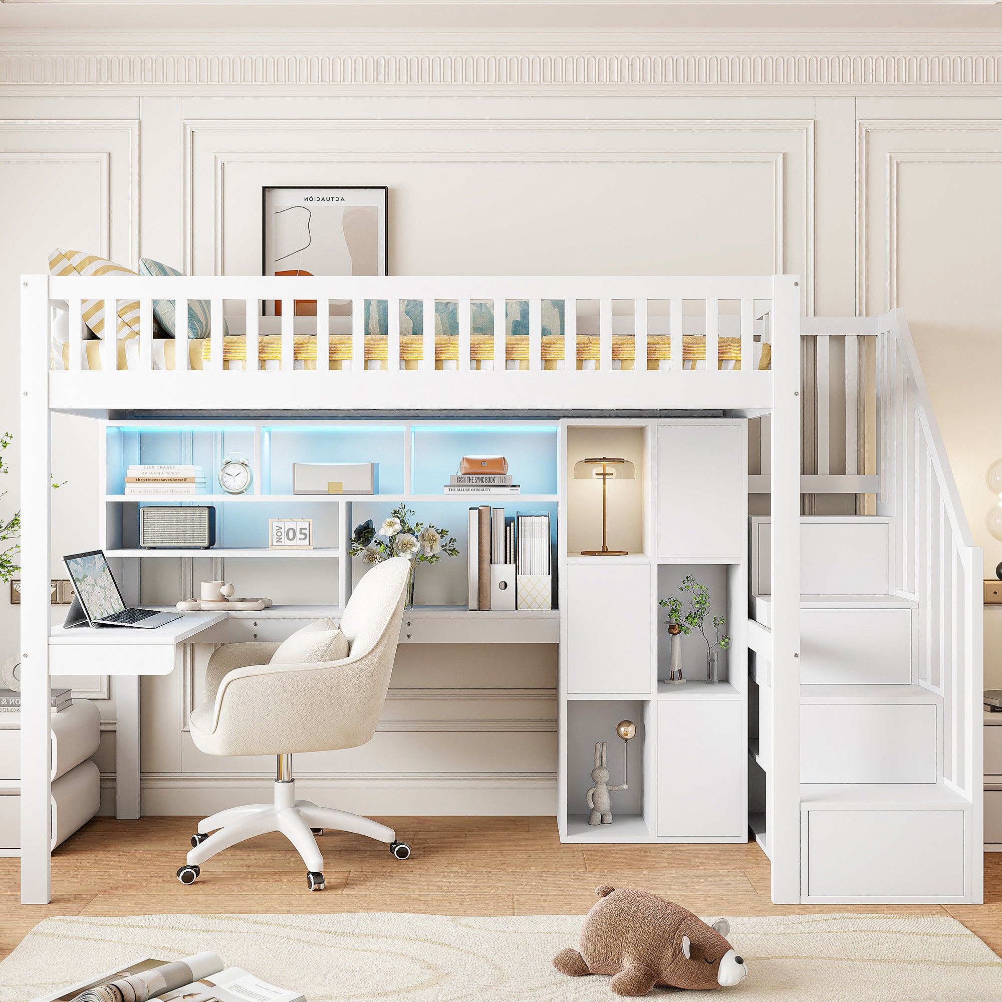 Lit mezzanine en bois 90x200cm, Lit superposé avec escalier de rangement et bureau, éclairage LED, lit d'enfant avec sommier à lattes, blanc - 2