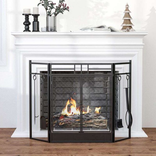 COSTWAY Pare-Feu Cheminée -3 Volets Pliable avec Motif Floral-Cadre en COSTWAY Pare-Feu Cheminée -3 Volets Pliable avec Motif Floral-Cadre en