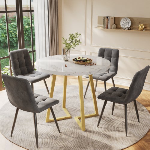 Table à Manger Ronde 80cm Avec 4 Chaises - Plateau MDF Blanc Marbré, Pieds Métal Doré, Chaises Velours Gris