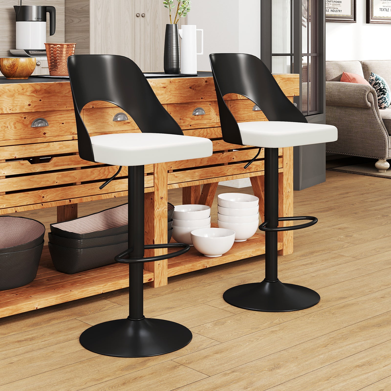 Set de 2 Taburetes Altos de Bar con Reposapiés, Sillas de Bar Giratorias 360° con Respaldo, Taburetes Ajustables en Altura, Sillas de Comedor - 4