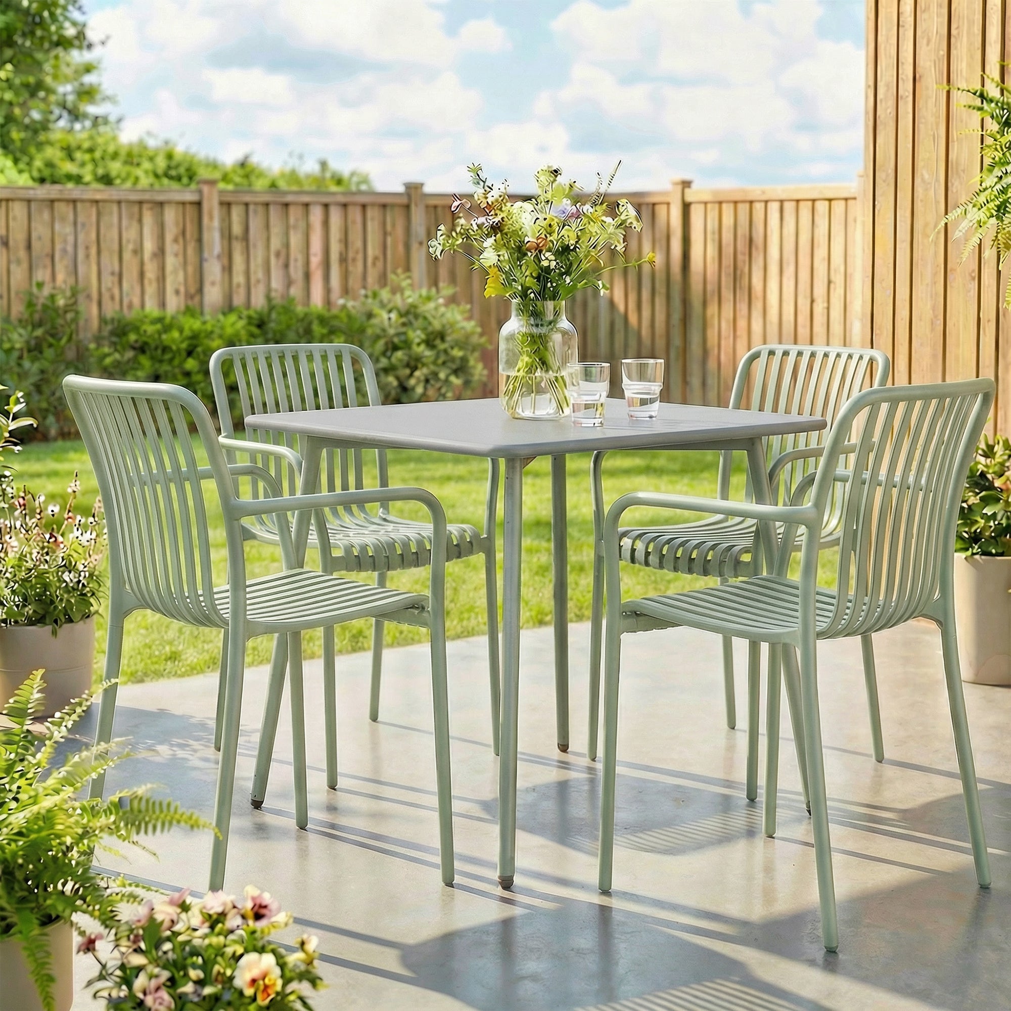 Lot 4 chaises jardin empilables polypropylène anti-UV accoudoirs dossier lattes ergonomique gris vert - 4