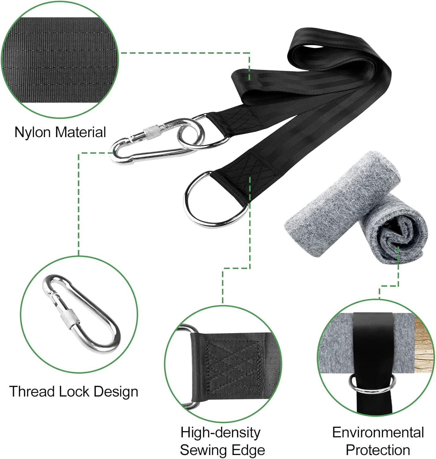 Sangles de hamac avec sac de rangement, 2 mousquetons et protection d'arbre, sangles de hamac pour balançoire de jardin ou siège suspendu - 6