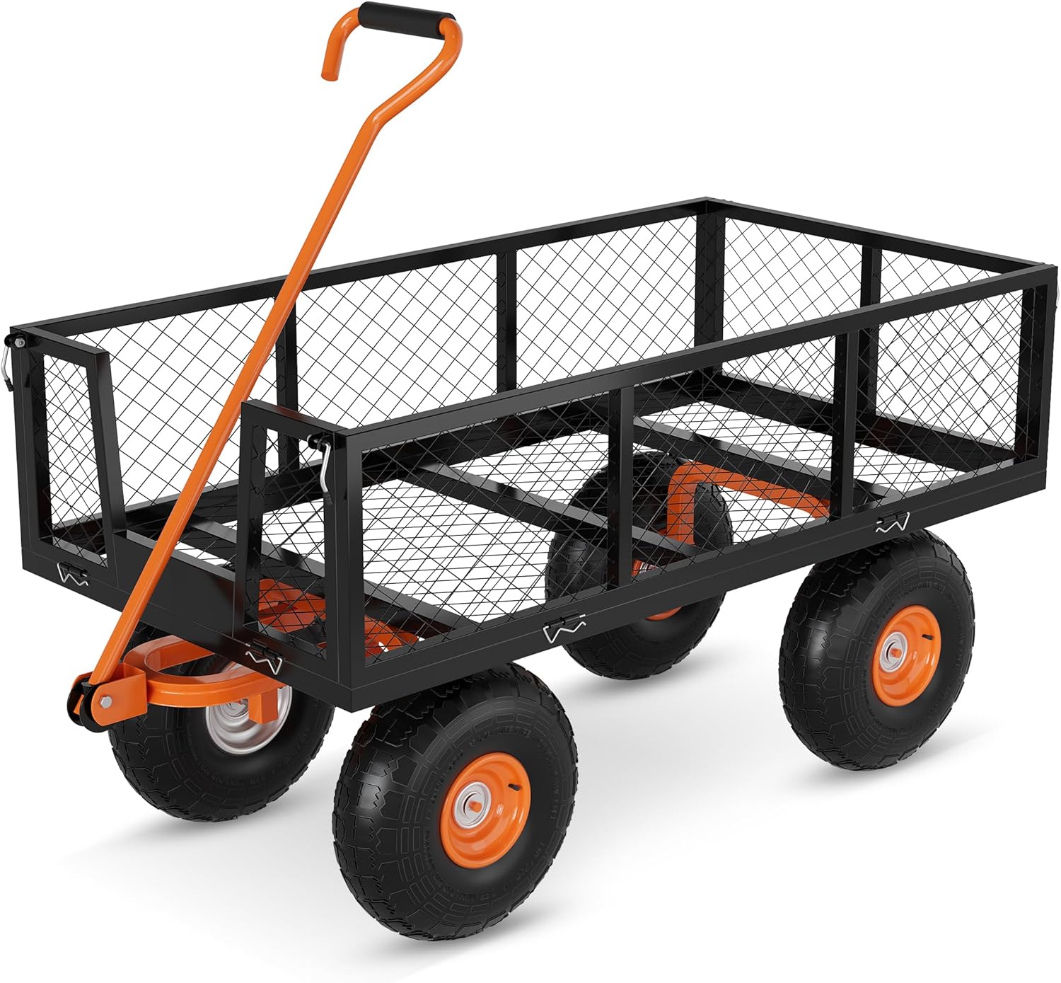 Carrito de jardín de acero 3 en 1, ruedas todoterreno de 13 pulgadas, paredes laterales desmontables, mango giratorio a 180°, negro y naranja