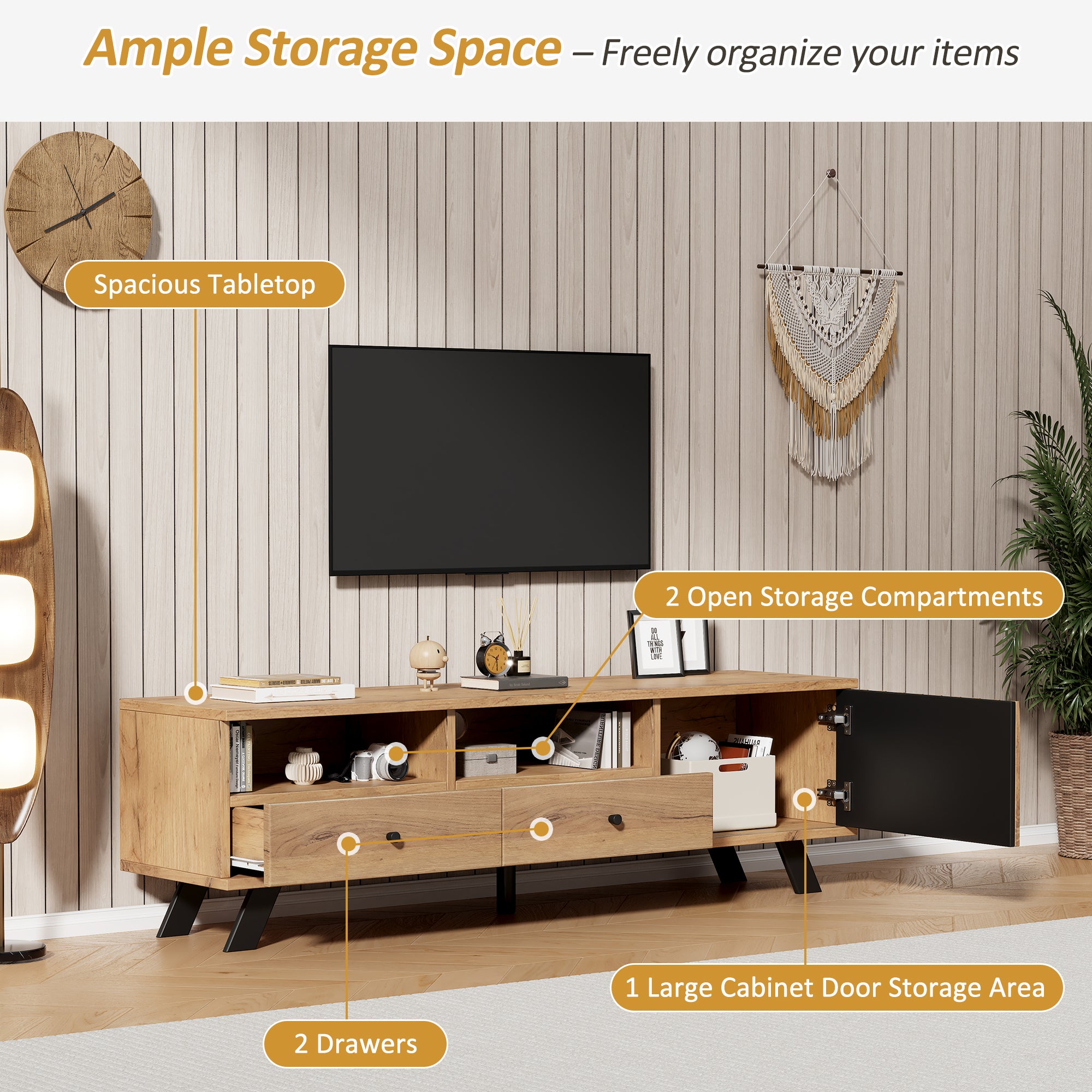 Meuble TV 150x38x44 cm - 2 tiroirs et 1 porte - 2 compartiments semi-ouverts - pour TV 60 pouces - naturel - 8