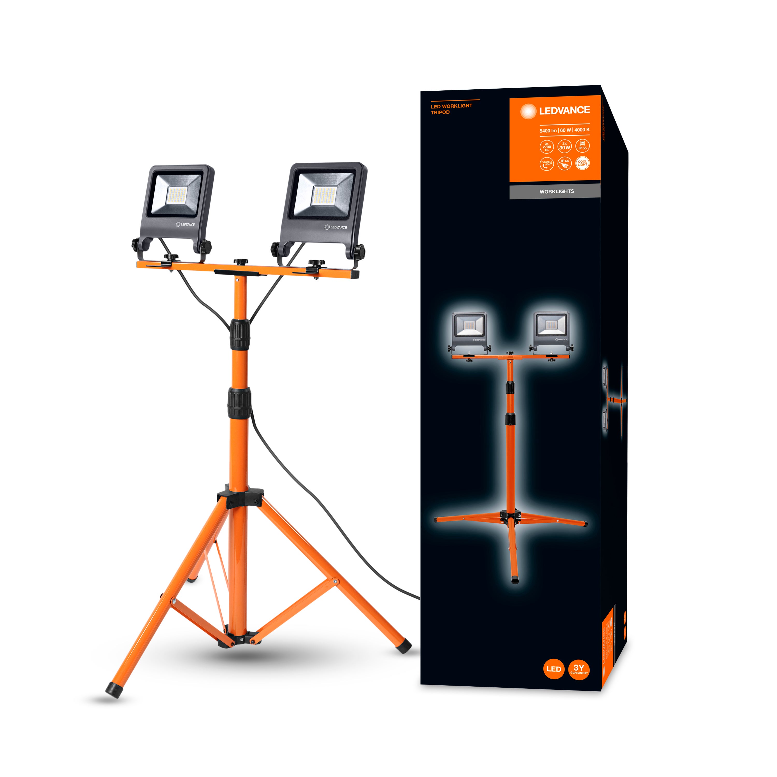 LEDVANCE Lampe de travail LED pour le sol, pour mur, WORKLIGHTS - TRIPOD / 60 W, 220…240 V, Angle de rayonnement: 120°, Cool White, 4000 K, Matériau: - 4