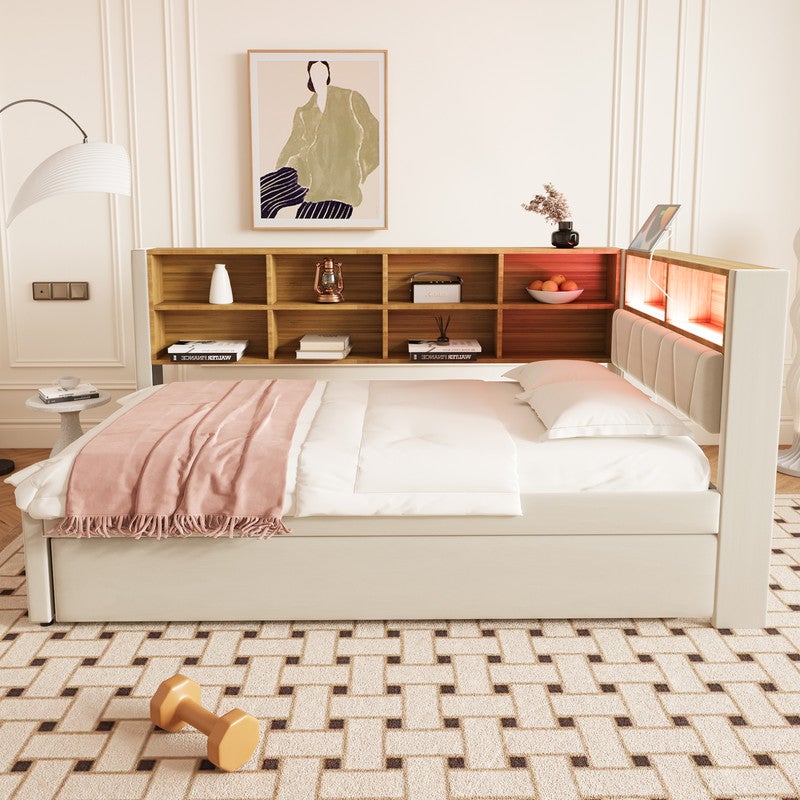 Sofá cama 90x200 - con cama nido 90x190 cm - con puerto USB - almacenaje múltiple - cama tapizada - beige (colchón no incluido) - 5