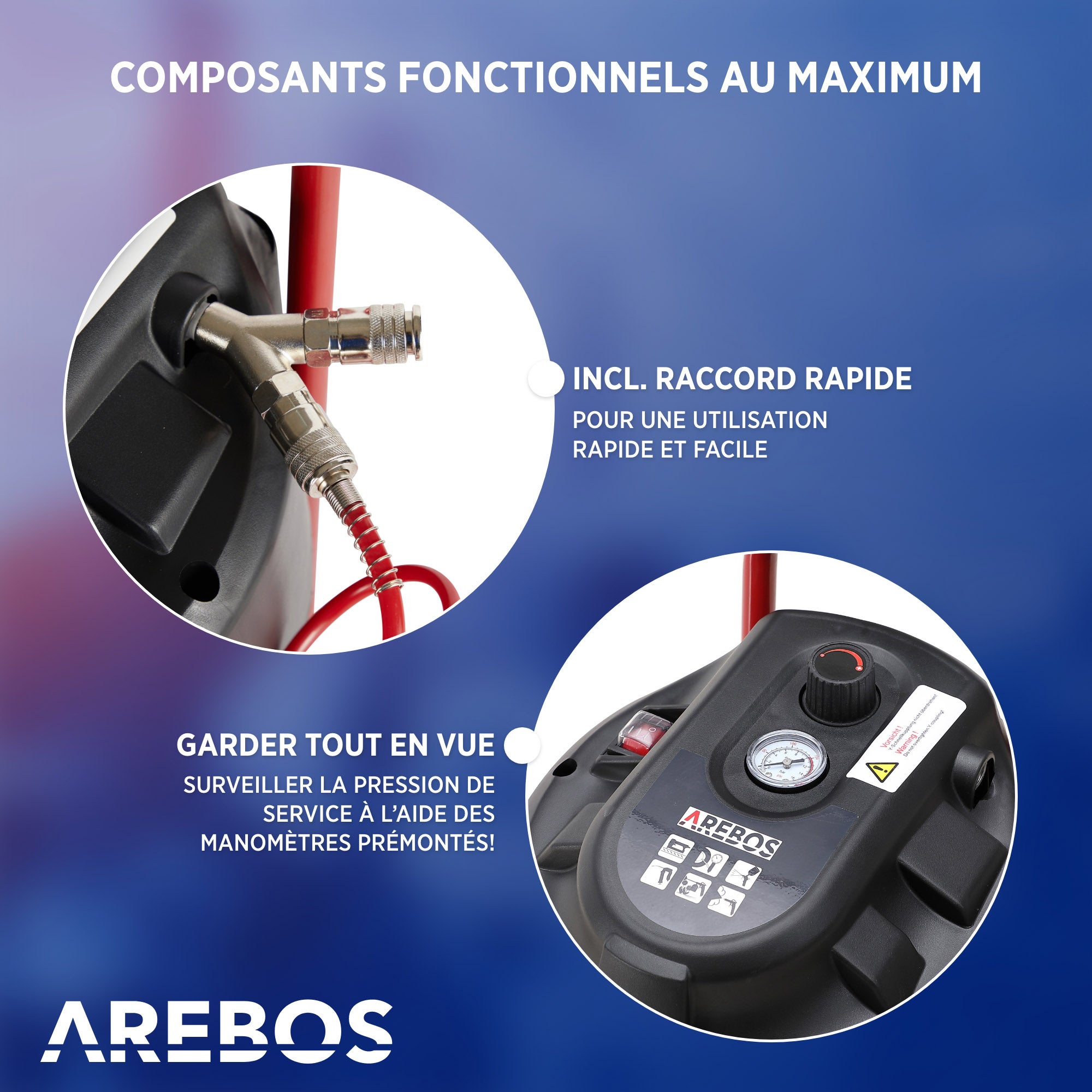 AREBOS Compresseur d'air avec kit d'accessoires 13 pièces mobil Sans huile Arrêt automatique Capacité : 30 litres - 3