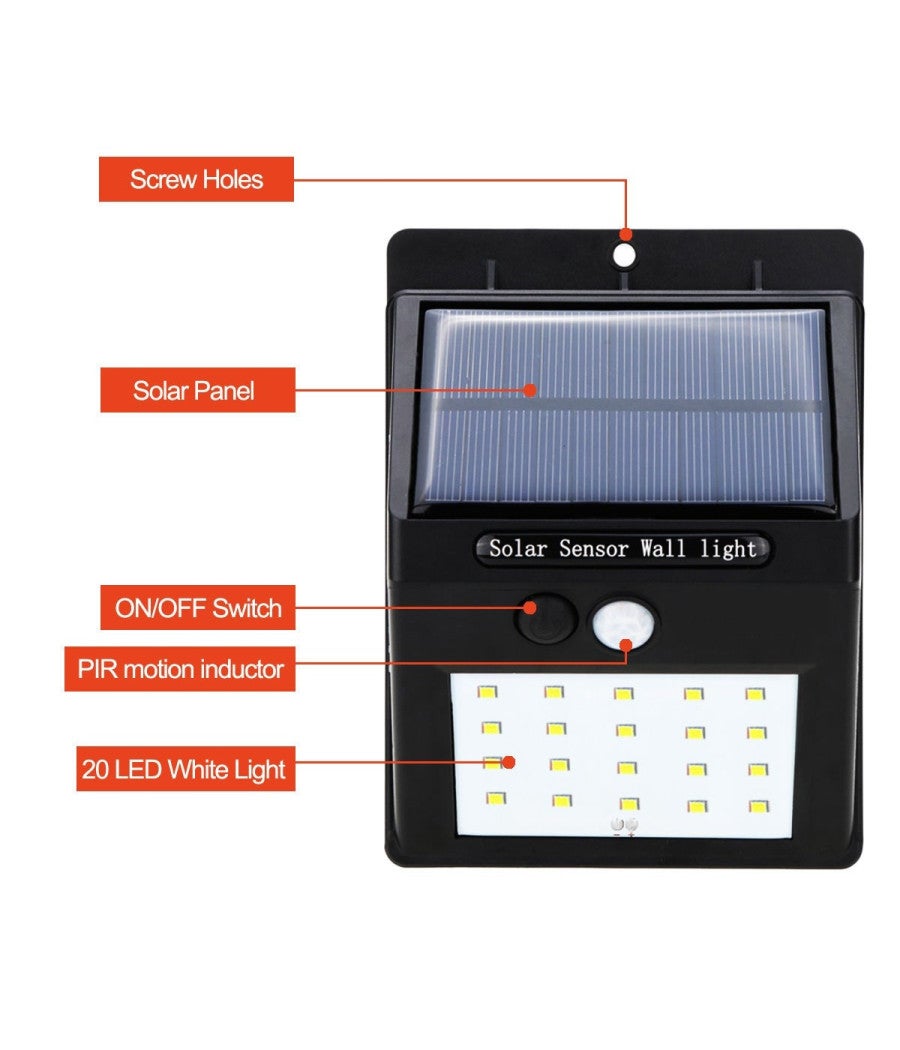 Trade Shop - Faro 20 Led Con Pannello Solare Ricaricabile E Sensore Di Movimento Per Esterno - - 3