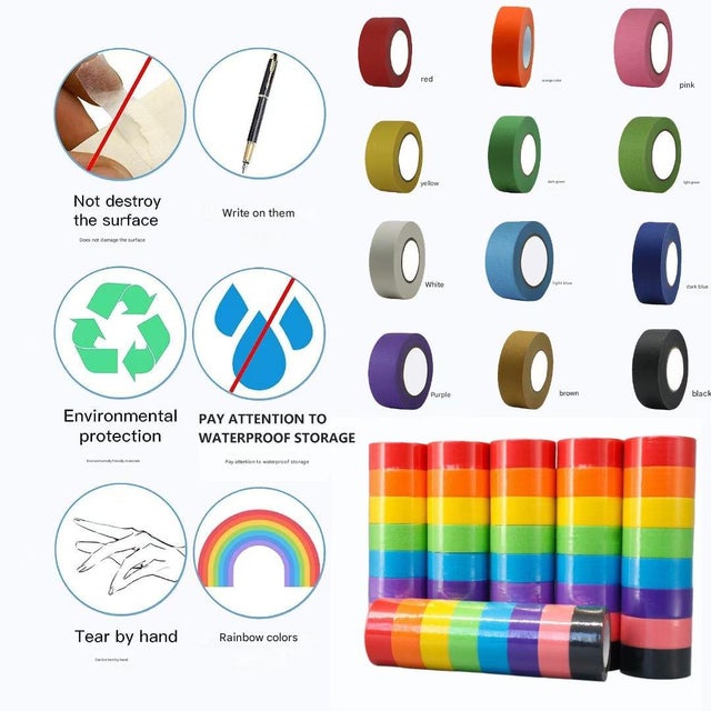 Cinta adhesiva de enmascarar en 12 colores diferentes para manualidades, etiquetado o codificación - Material artístico, 10 mm x 13 m