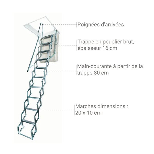 Escalier Grenier Accordéon - Trappe 50x70cm - Hauteur 2.42 à 2.75m - ACI-SVE275/70X50 - 3