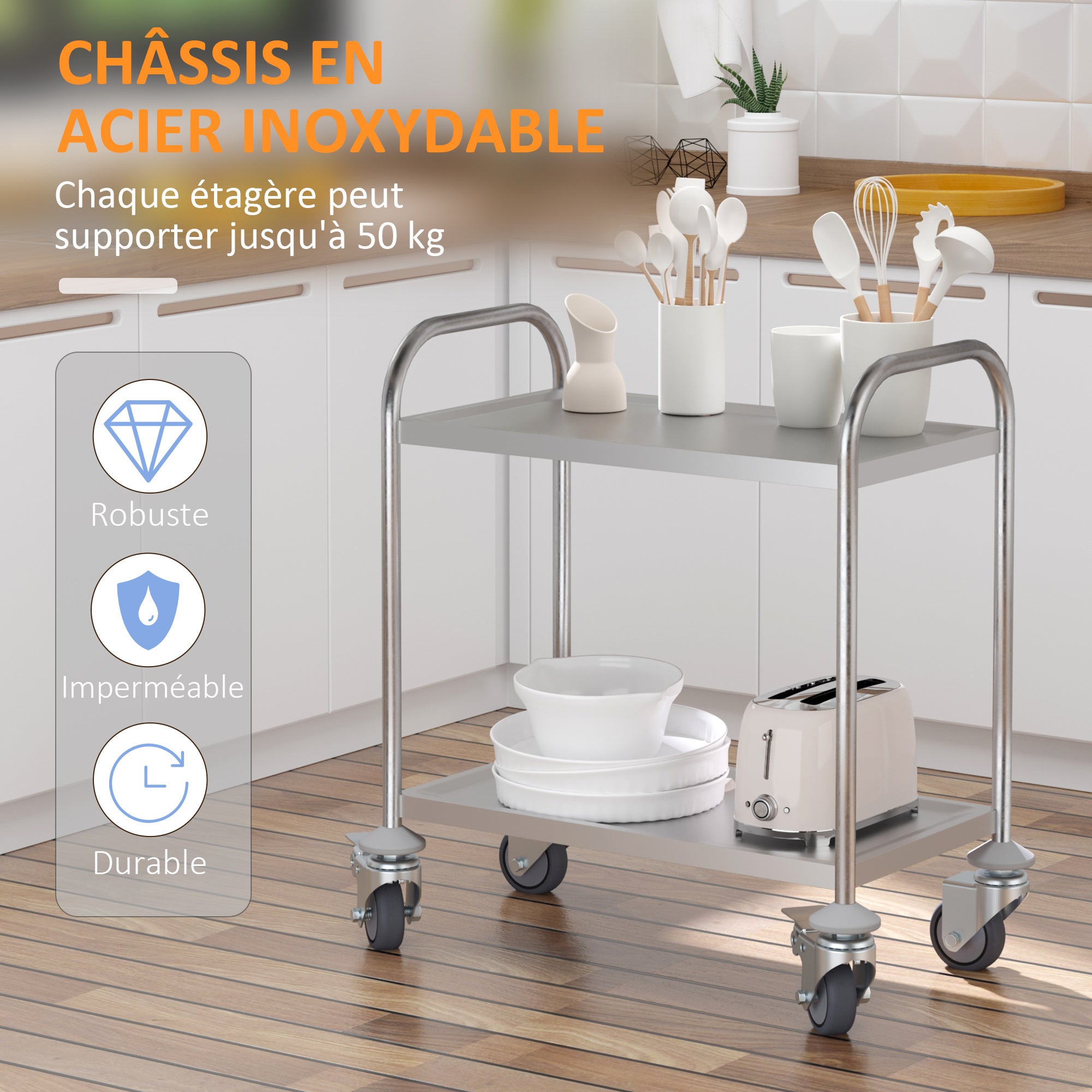 Desserte de cuisine en acier inoxydable à roulettes 2 étagères HOMCOM - 7