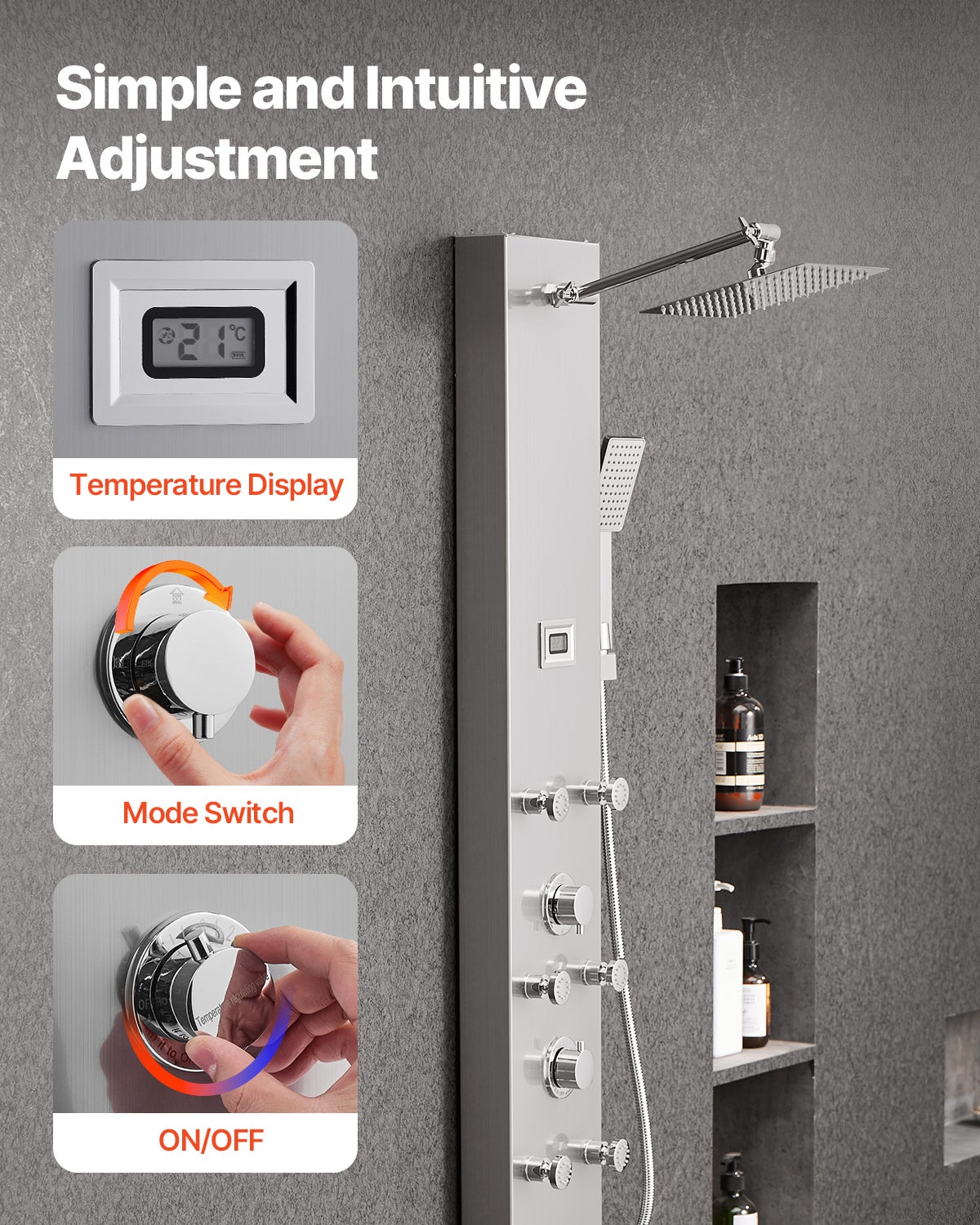 Painel de Chuveiro VEVOR em Aço Inoxidável Escovado, 124 cm, com Efeito Chuva, Alta Pressão, com Ducha de Mão - 5