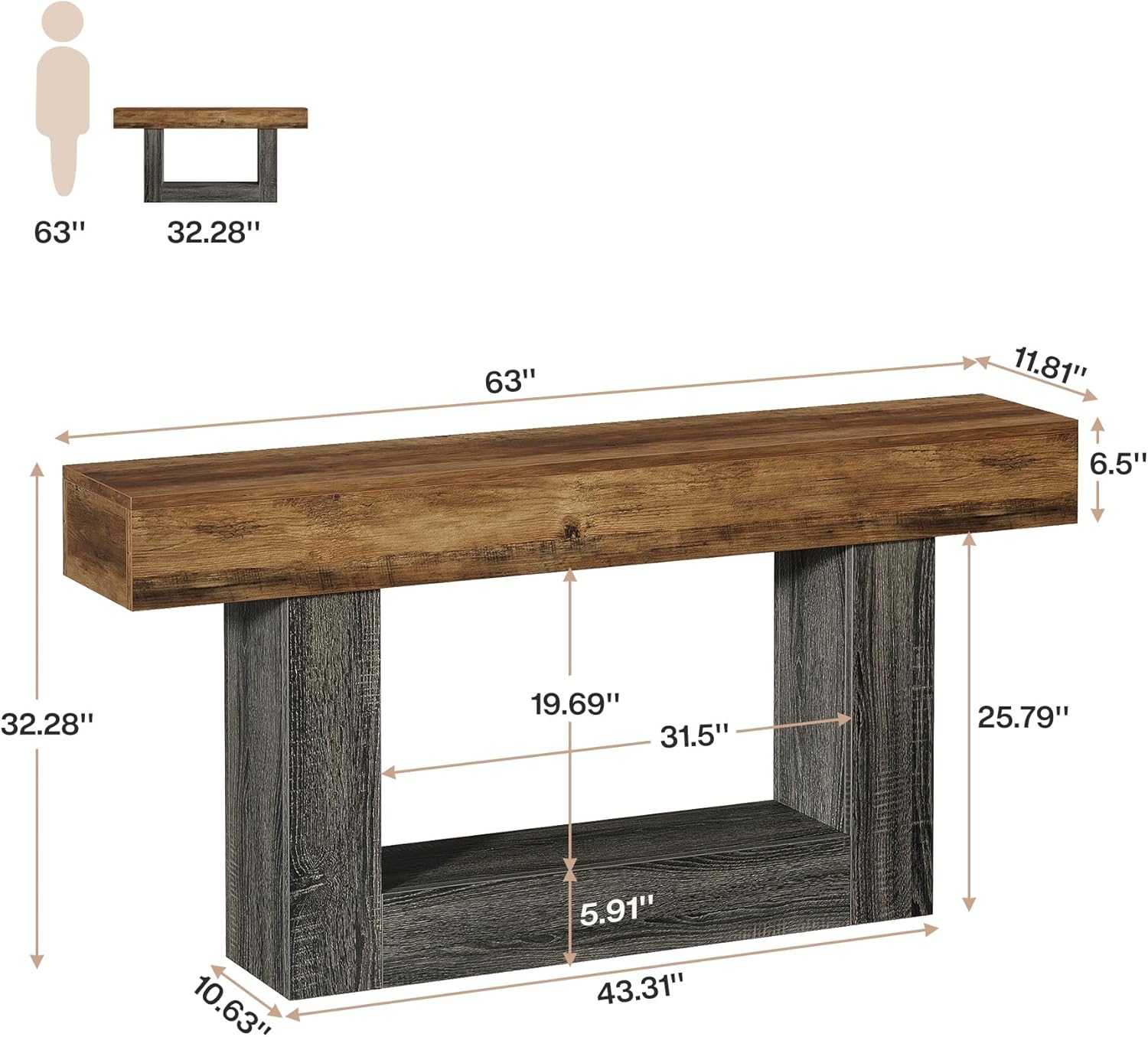 Tribesigns Console , 160*30*80cm, table d'entrée à 2 niveaux, table de canapé avec rangement, table basse en bois pour salon et couloir - 3