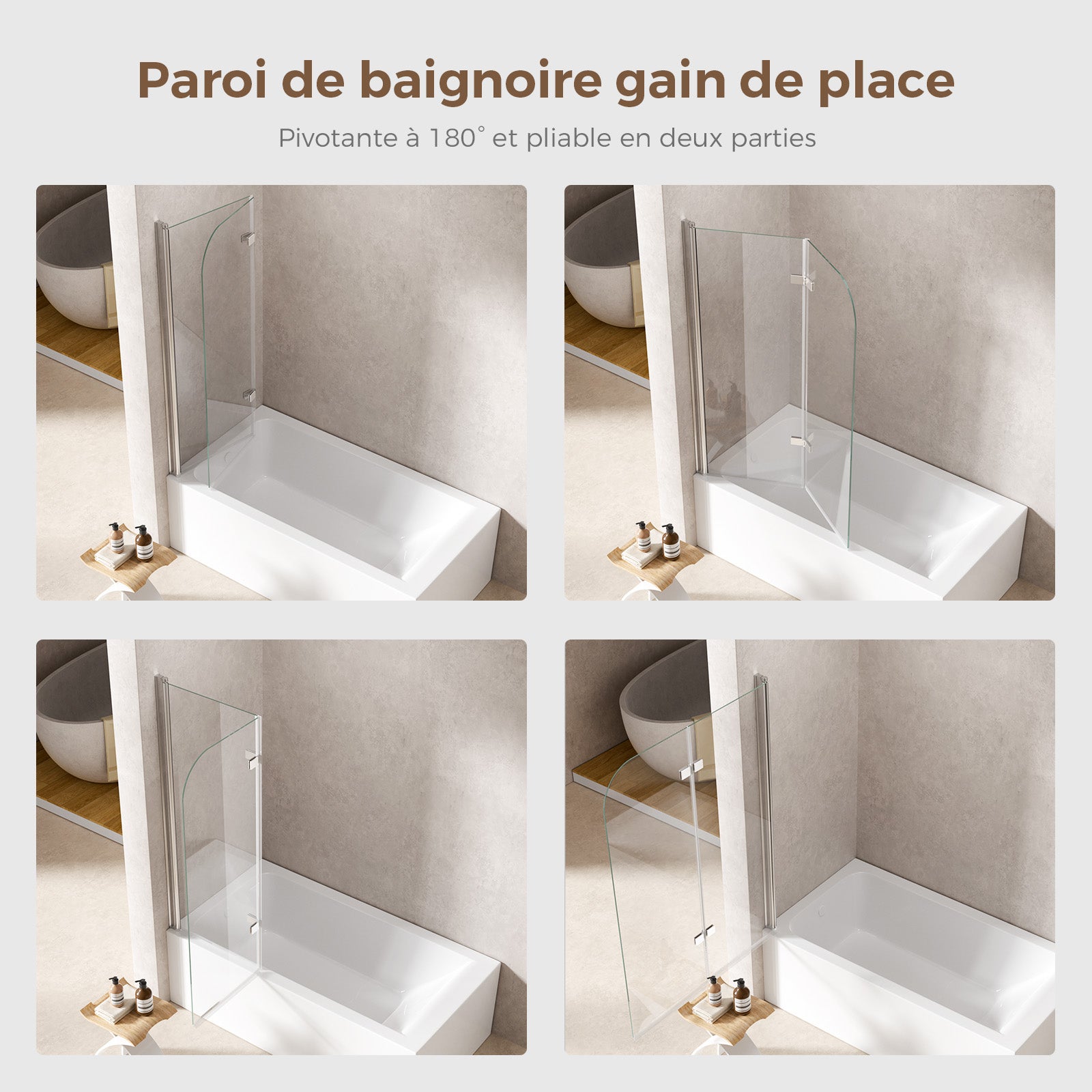 Paroi de baignoire pivotante 2 panneaux, verre trempé 6 mm anticalcaire, aluminium argenté, 120x140 cm, pare-baignoire moderne - 7