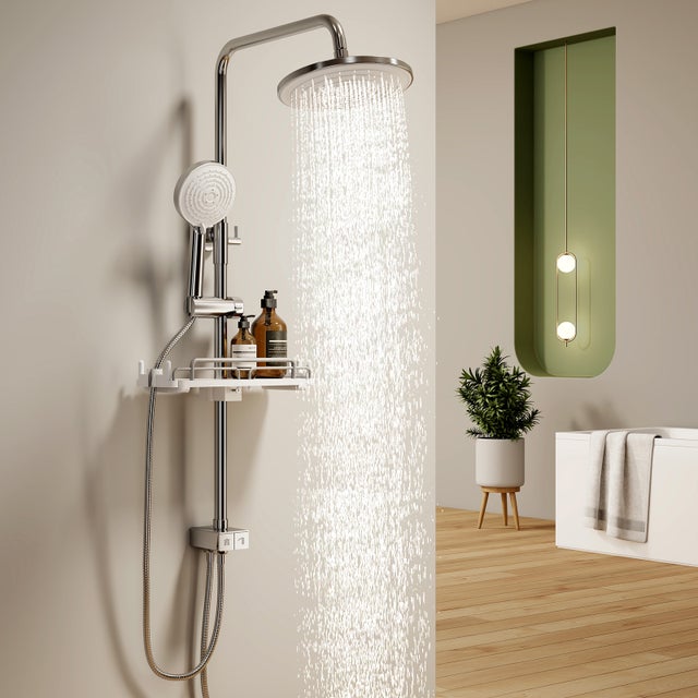 Colonne de Douche sans Mitigeur – Ensemble Complet avec Douchette, Tête Pluie 3 Jets et Tablette Rétractable – Chrome – Design Moderne