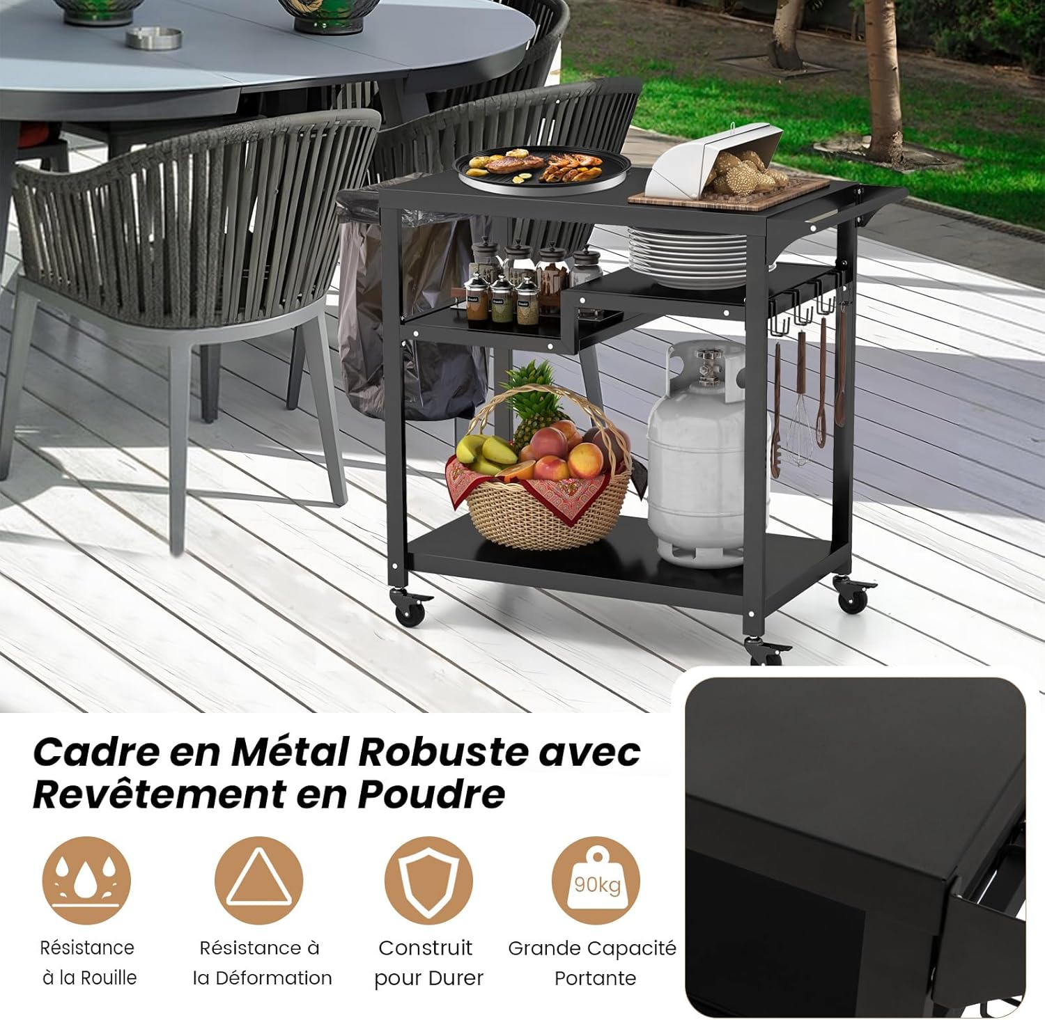 Carrello Barbecue da Esterno, Carrello BBQ Portatile con 3 Ripiani, 4 Ruote Bloccabili, Ganci, Maniglia Laterale, per Cucina Giardino - 6