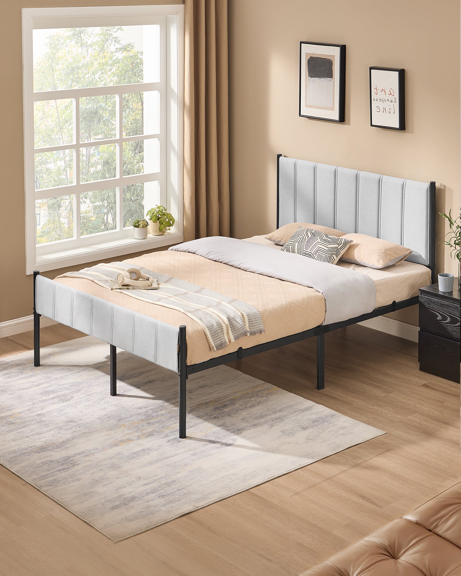 Cadre de Lit Double, 140 x 190 cm, avec Tête de Lit Rembourrée, en Acier, Supporte Jusqu'à 500 kg, Montage Facile, Gris Tourterelle - 2
