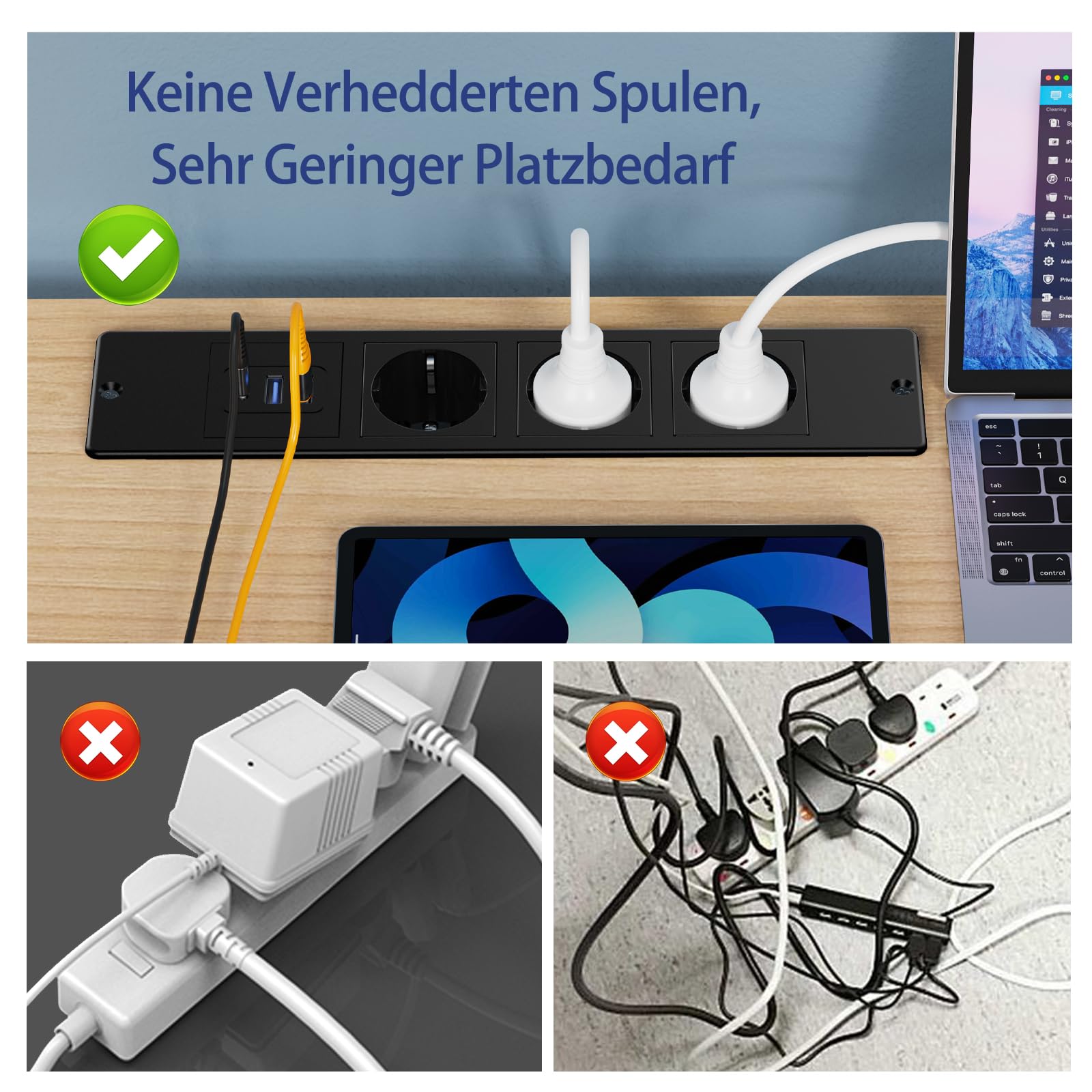 Prise encastrée de bureau avec USB-C | 3 prises secteur + 2 ports USB-A | Câble d'alimentation 2 m,Noir - 6