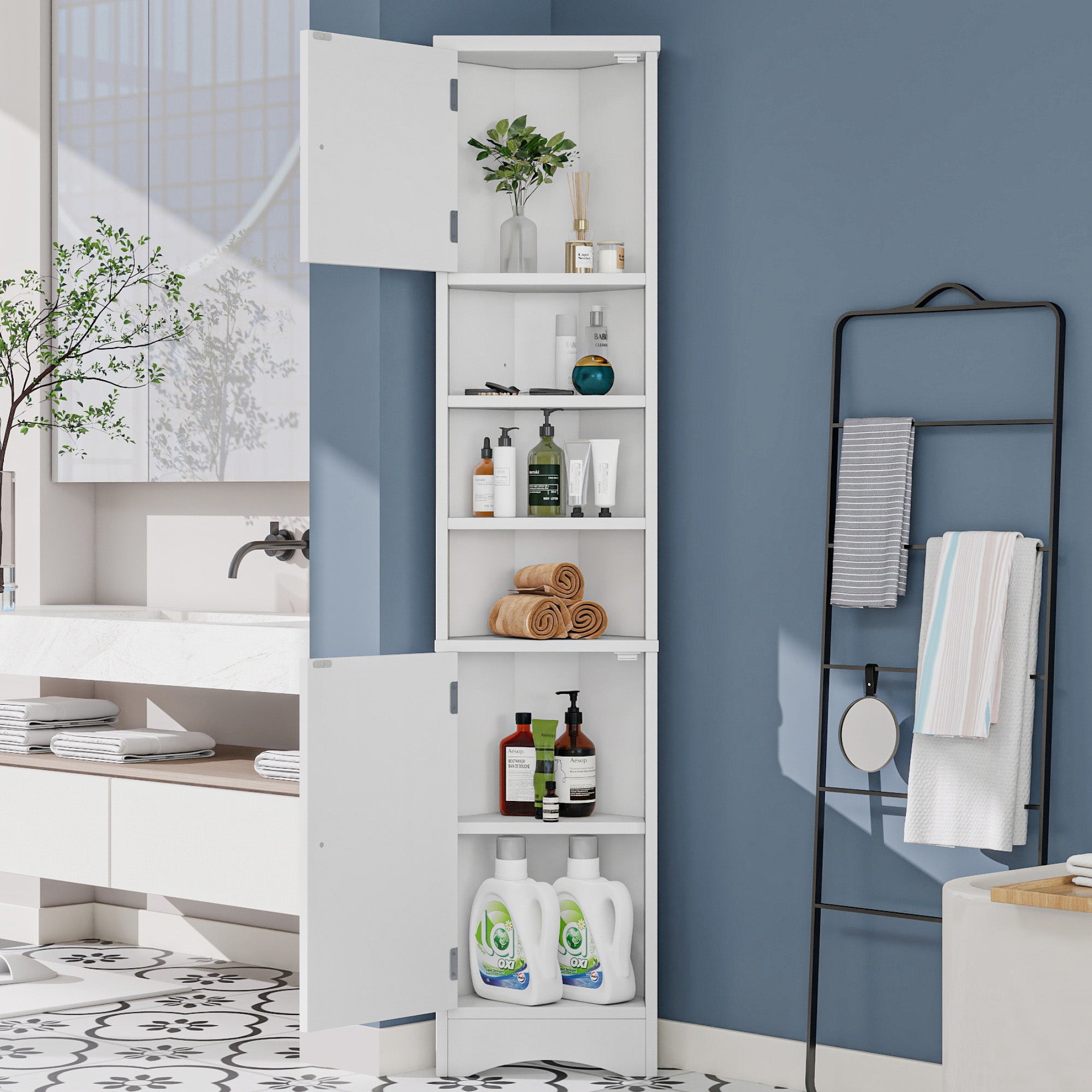 Szafka łazienkowa z 4 drzwiami i 2 otwartymi półkami - 36,5 x 24,5 x 170 cm - MDF - Biała