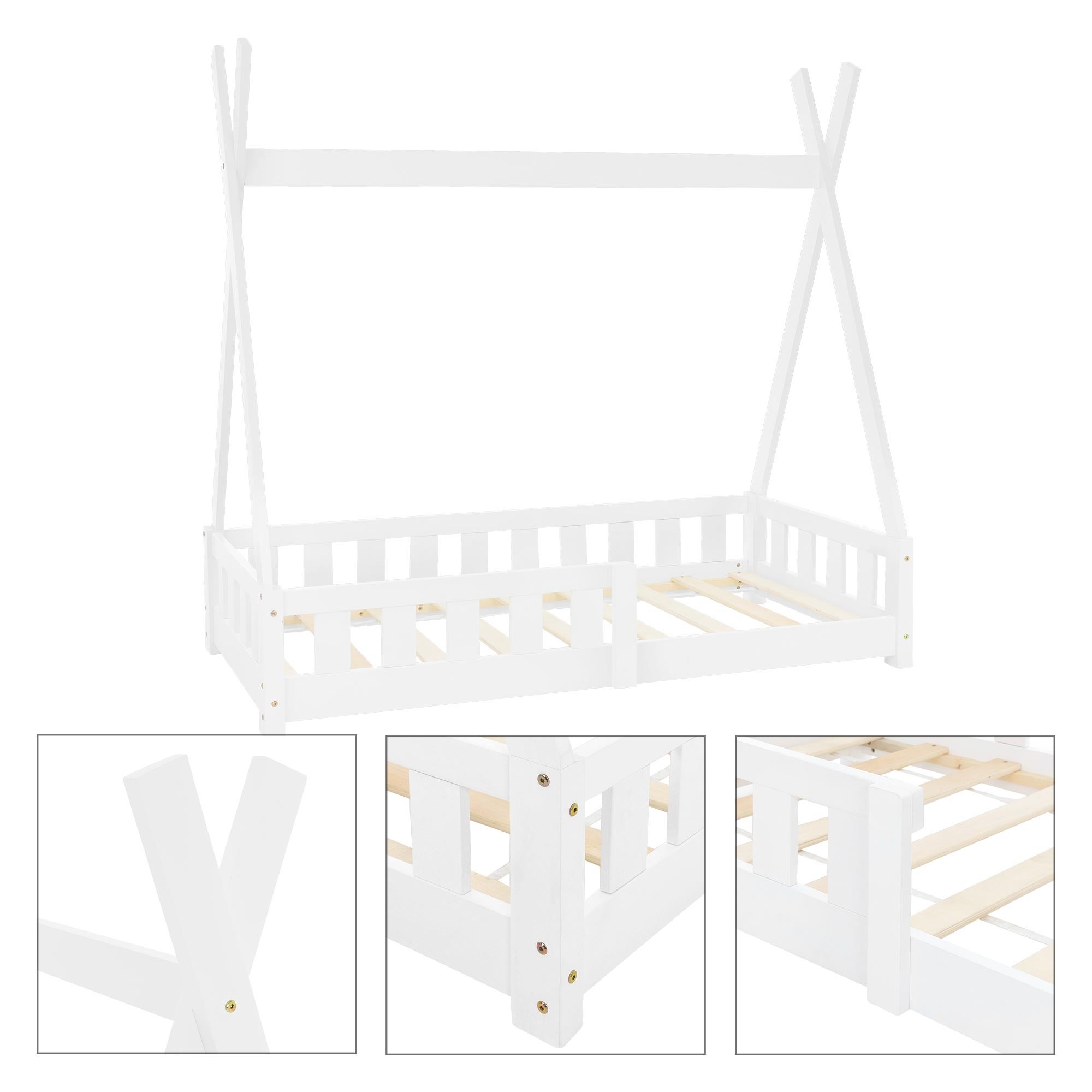 Lit d'enfants Tipi 70x140 cm blanc style indien cadre bois de pin massif avec matelas hypoallergénique housse amovible respirant et sommier à lattes - 6