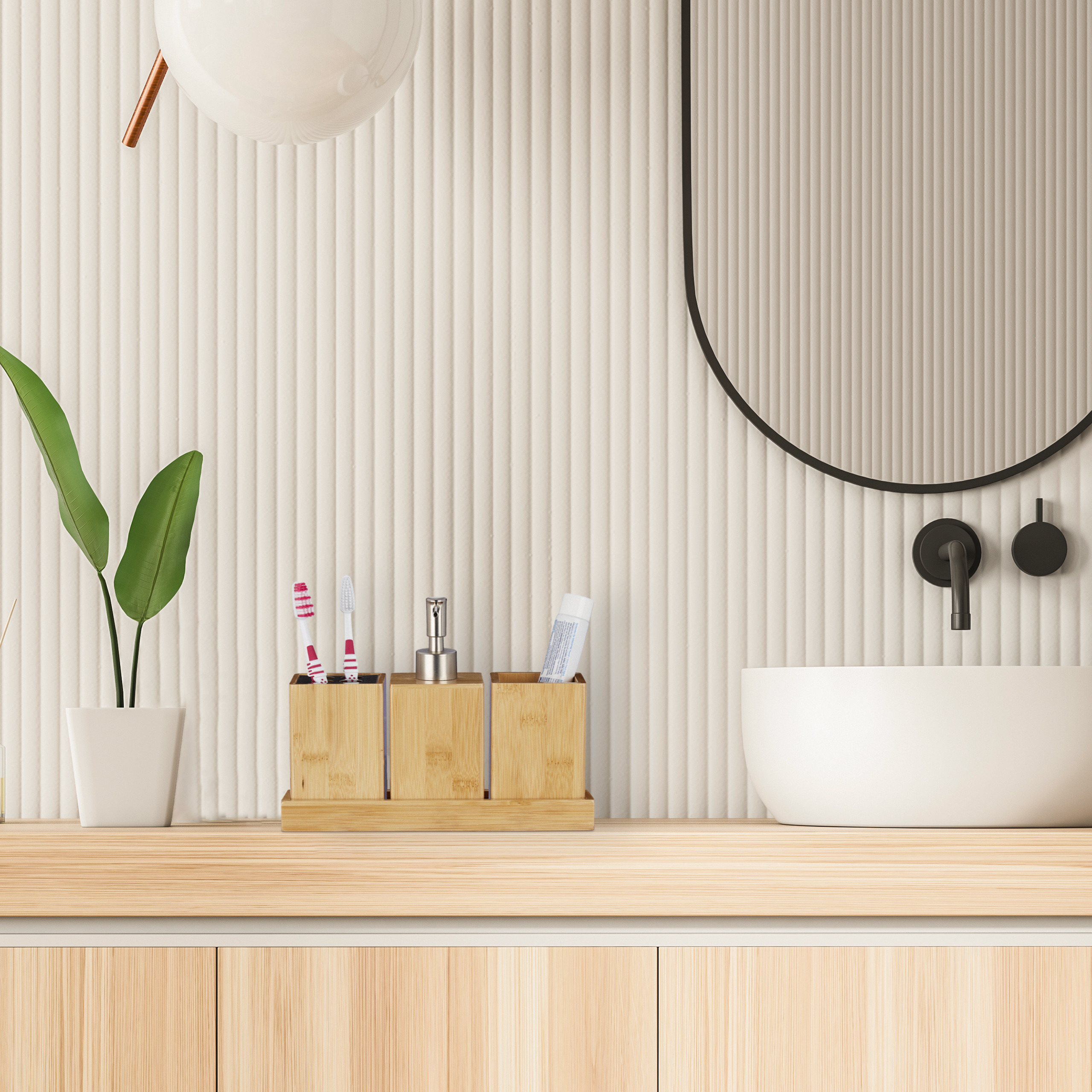 Set Bagno In Bambù Relaxdays - 4 Pezzi Con Portaspazzolini, Portasapone, Bicchiere E Vassoio - Foto 11