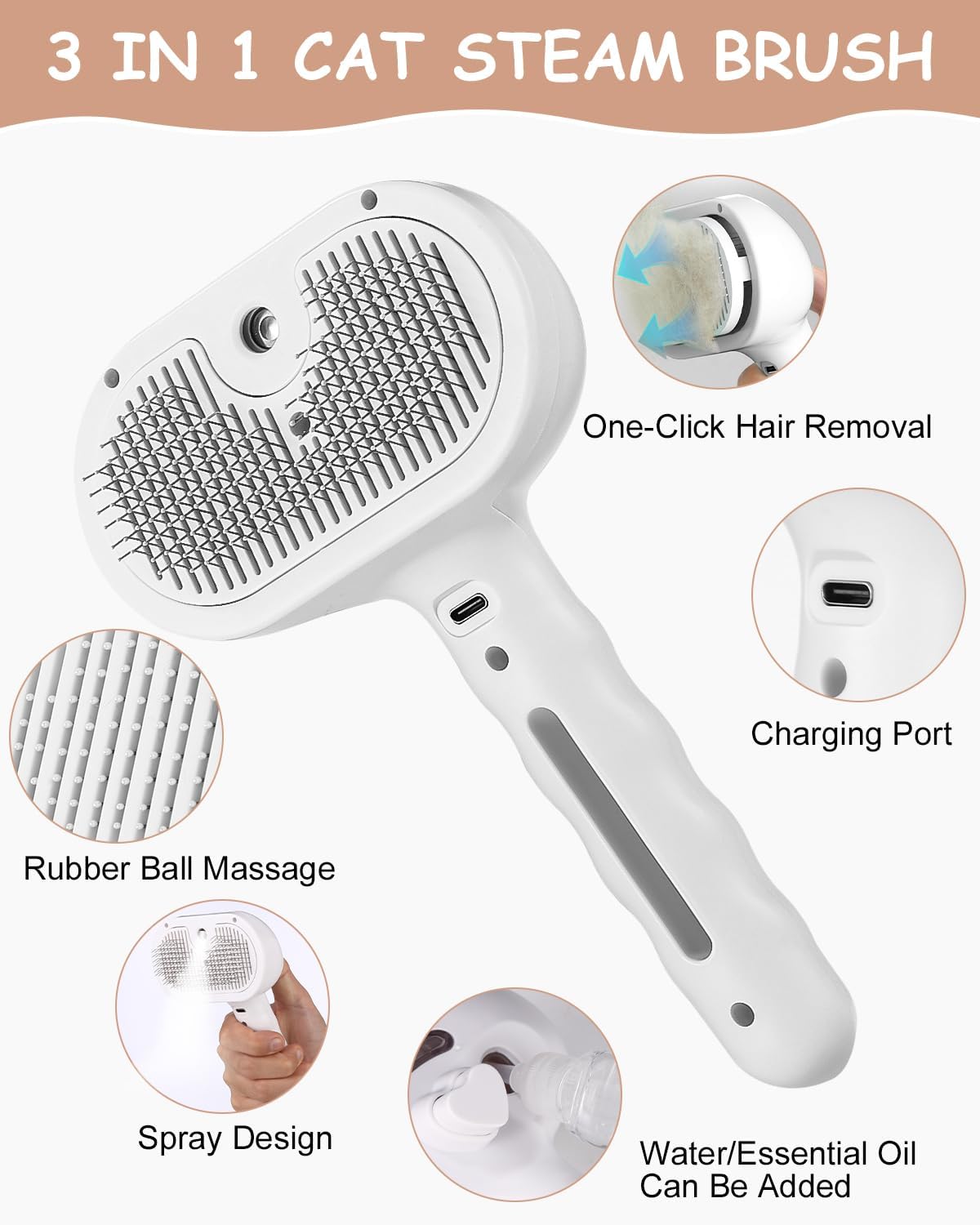 Cepillo de vapor para gatos, peine masajeador con pulverizador 3 en 1 para gatos y perros, cepillo autolimpiable para gatos, cepillo de vapor para per - 2