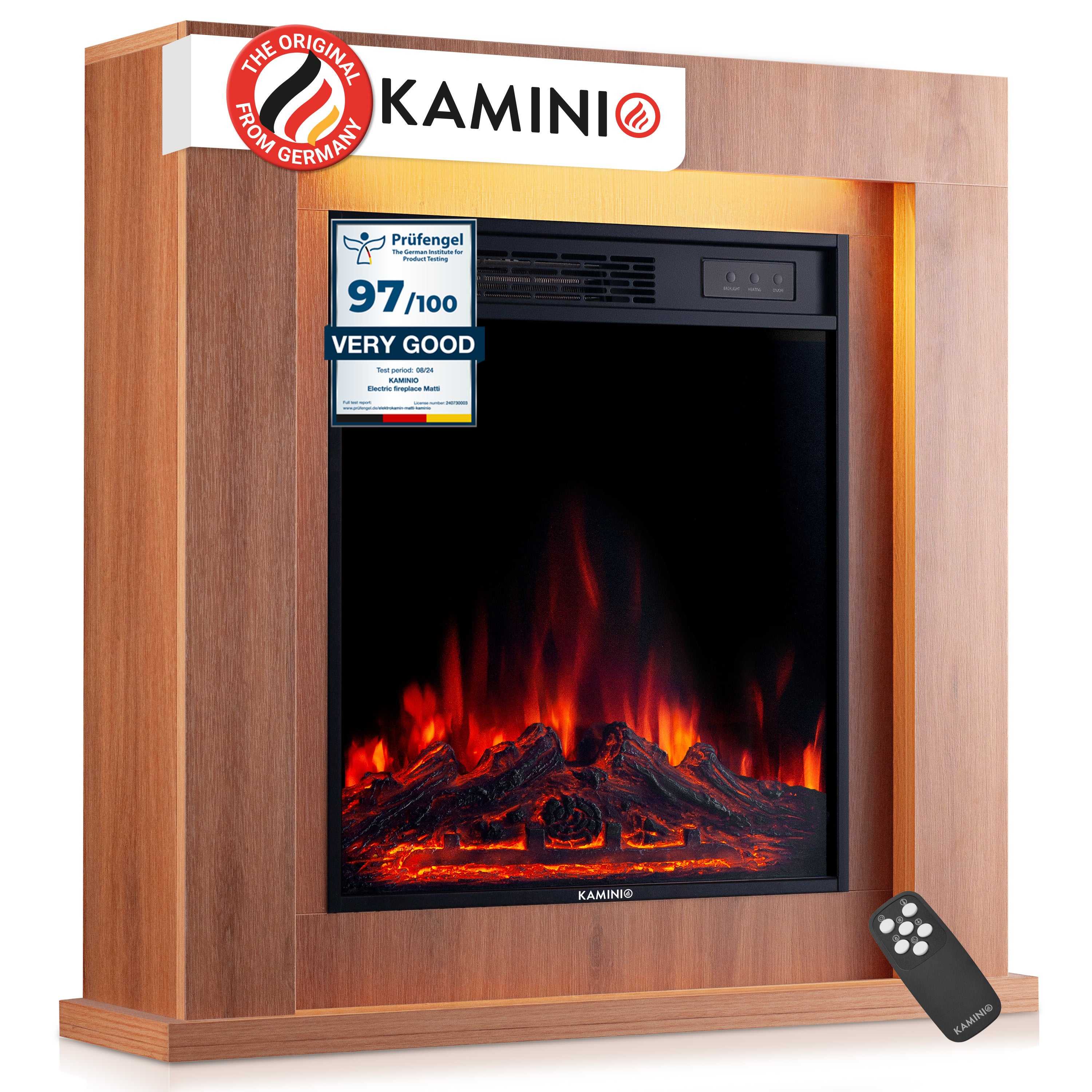 KAMINIO Kominek elektryczny MATTI – elektryczny kominek stojący z ogrzewaniem, płomienia 3D, nastrojowym oświetleniem LED, pilotem – 32 cale, Dąb