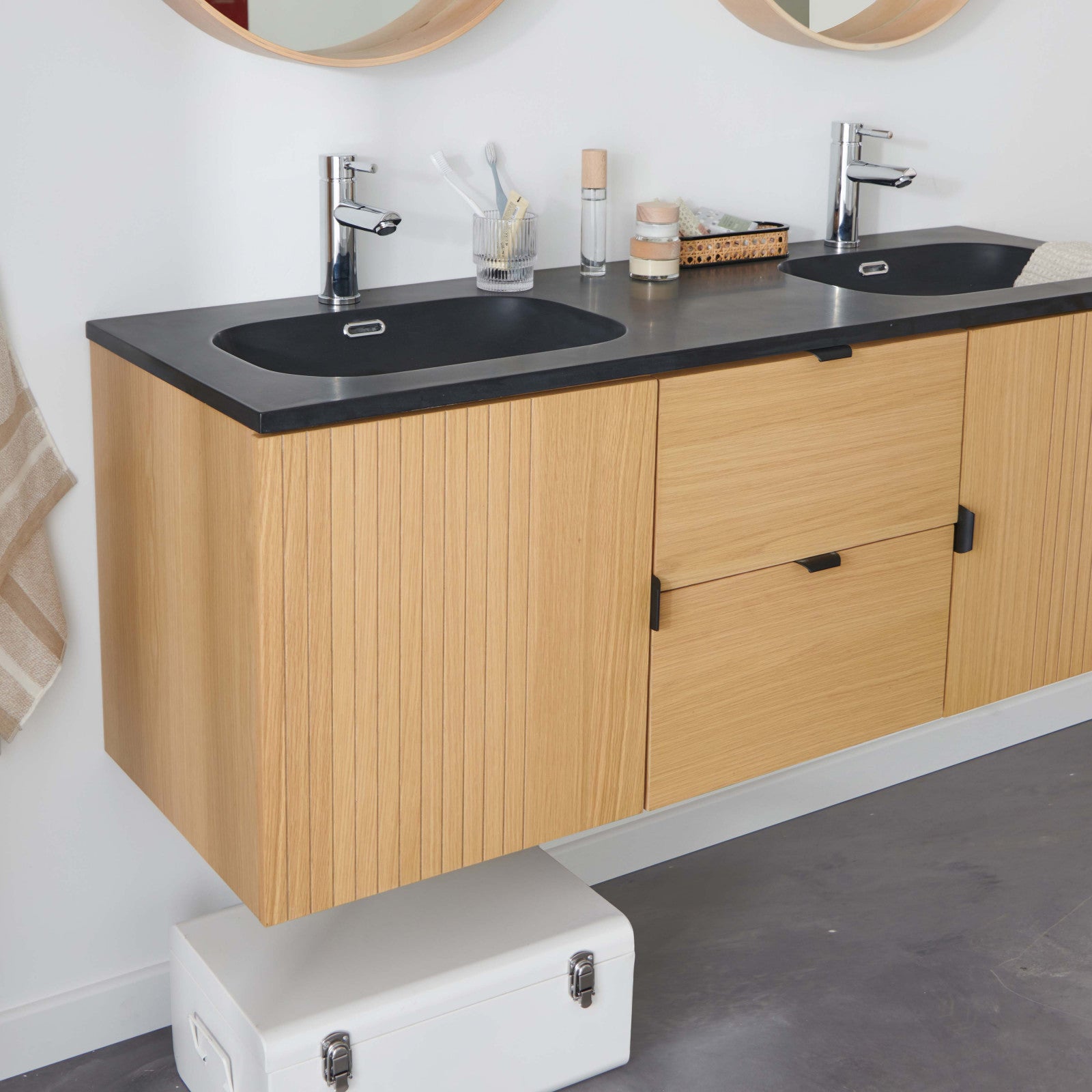 Meuble double 140cm chêne STUDIO suspendu avec plan résine - 4