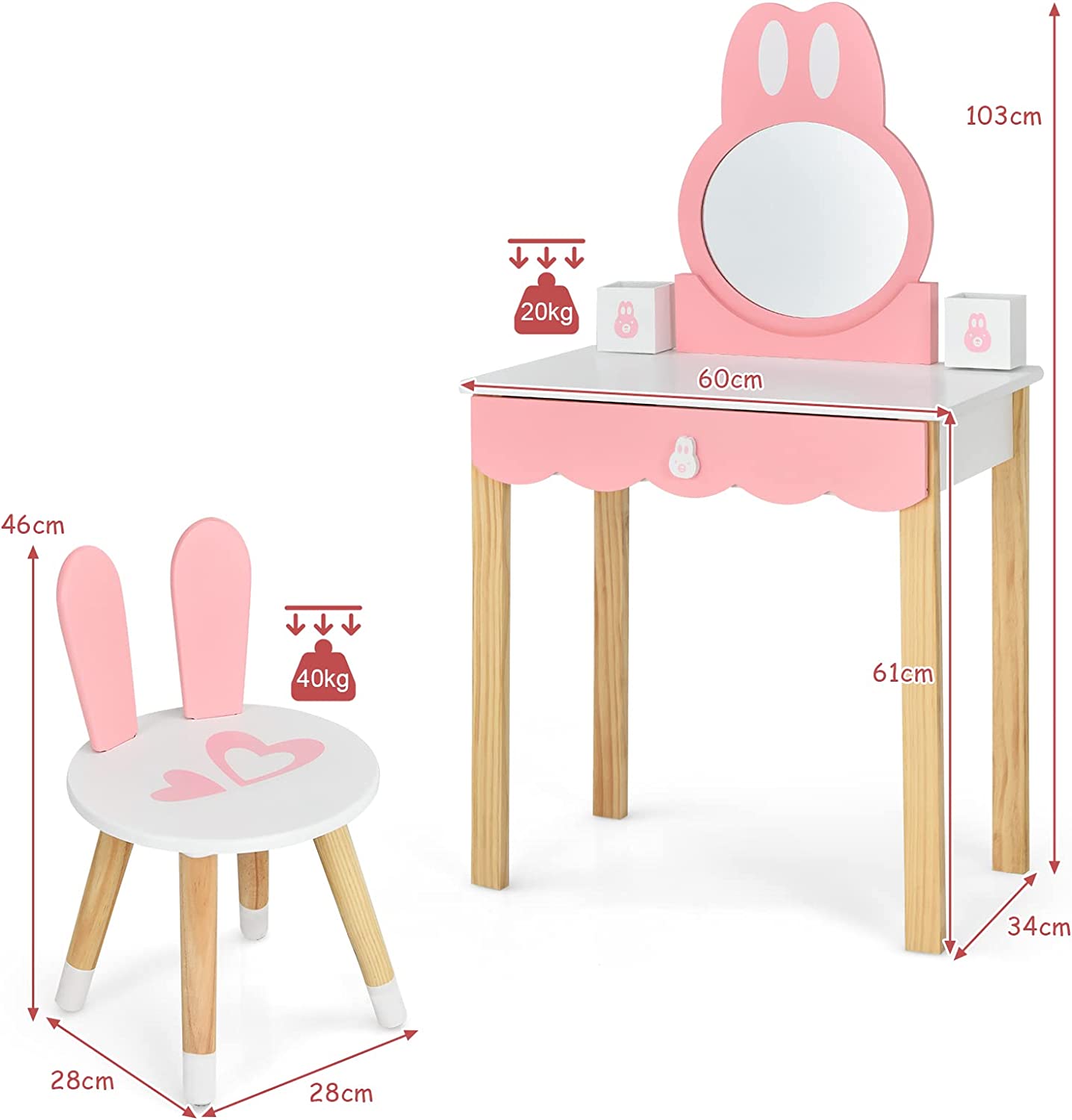 Toeletta Trucco 2 in 1 per Bambina, Specchiera a Forma di Coniglio Staccabile per Ragazza in Legno con Sgabello, Portapenni e Cassetto, Postaz - 5