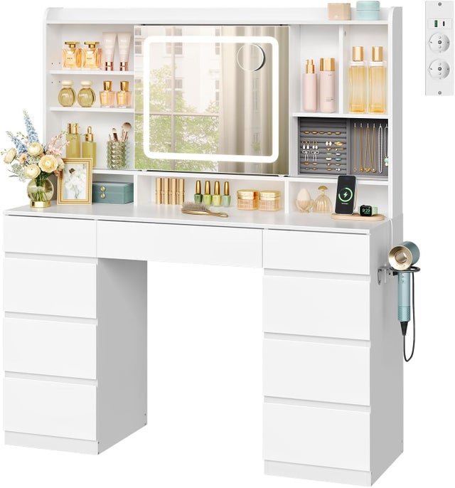 WOLTU Coiffeuse avec Miroir LED Coulissant, Grande Coiffeuse avec 9 Tiroirs, Luminosité Réglable, en Bois, Blanc