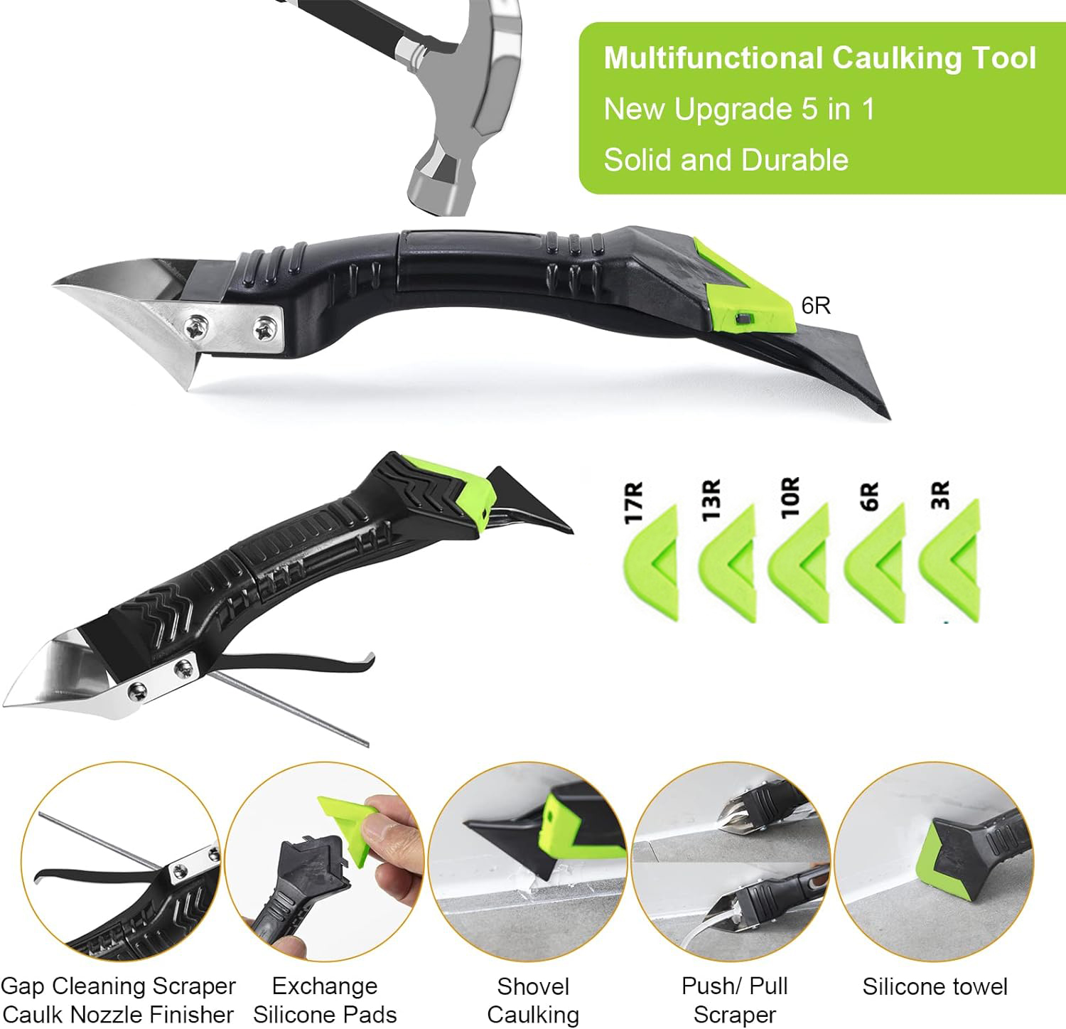 Juego de 13 herramientas para calafatear, 5 en 1, de silicona, para eliminar lechada, sellador y raspador de residuos adhesivos, color verde. - 9