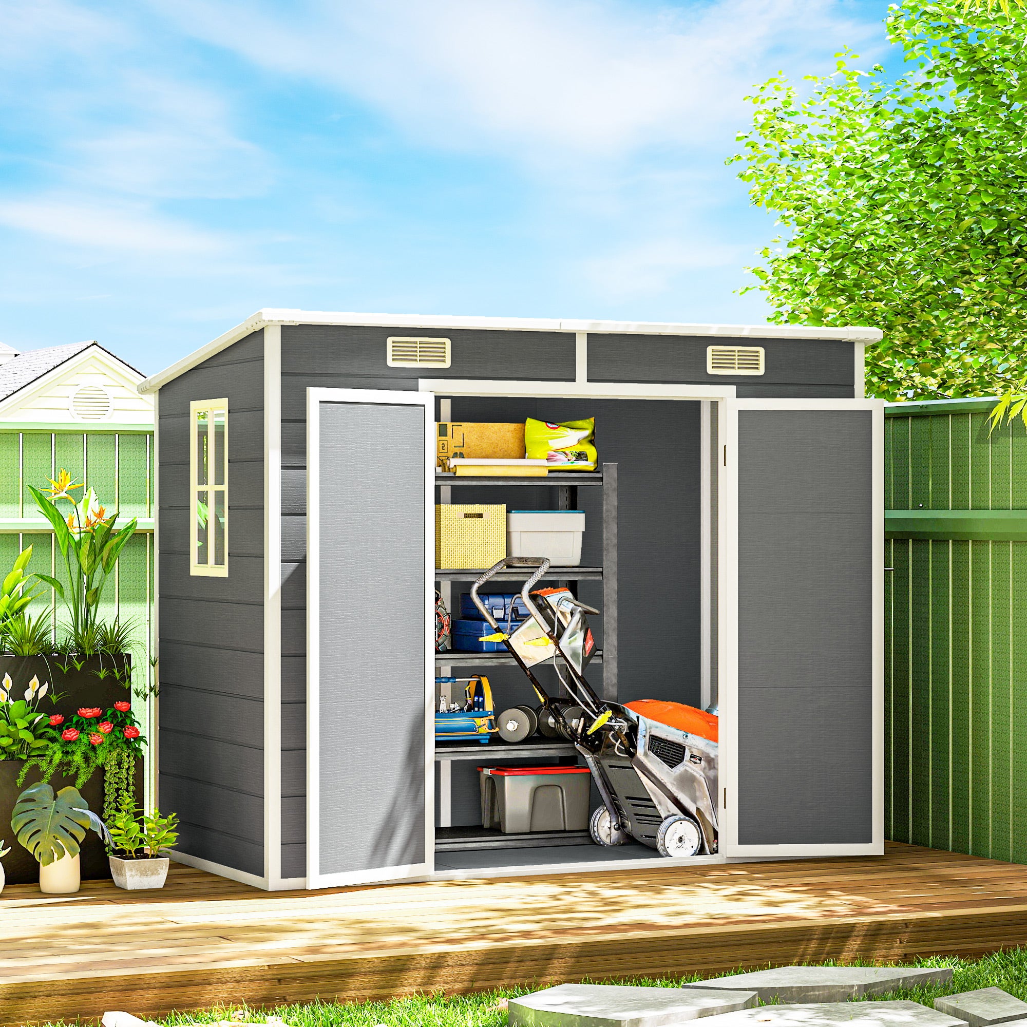 Cabanon jardin 2,4x1,3 m plastique sol fenêtre portes verrouillables jardin terrasse gris - 4