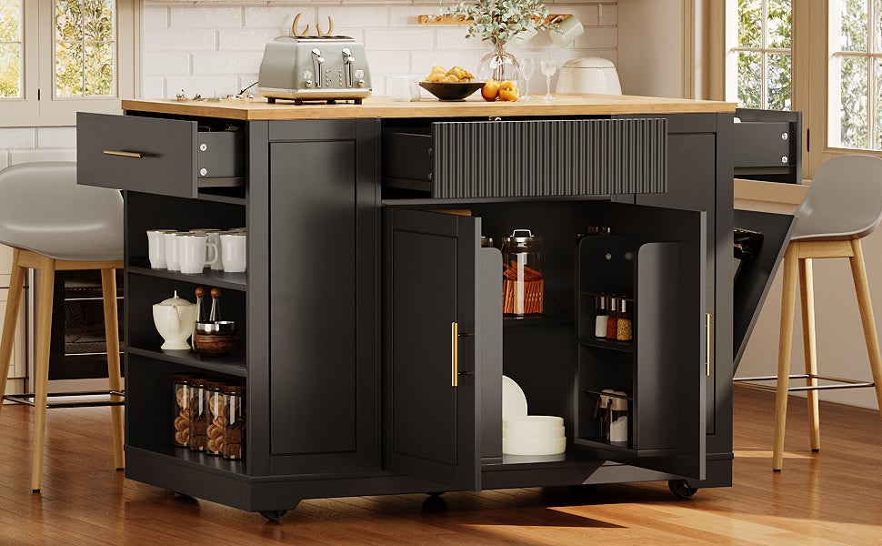 Îlot central de cuisine mobile avec 2 portes, 3 tiroirs et compartiment poubelle - 120 x 50 x 92 cm - MDF + Métal - Noir - 5
