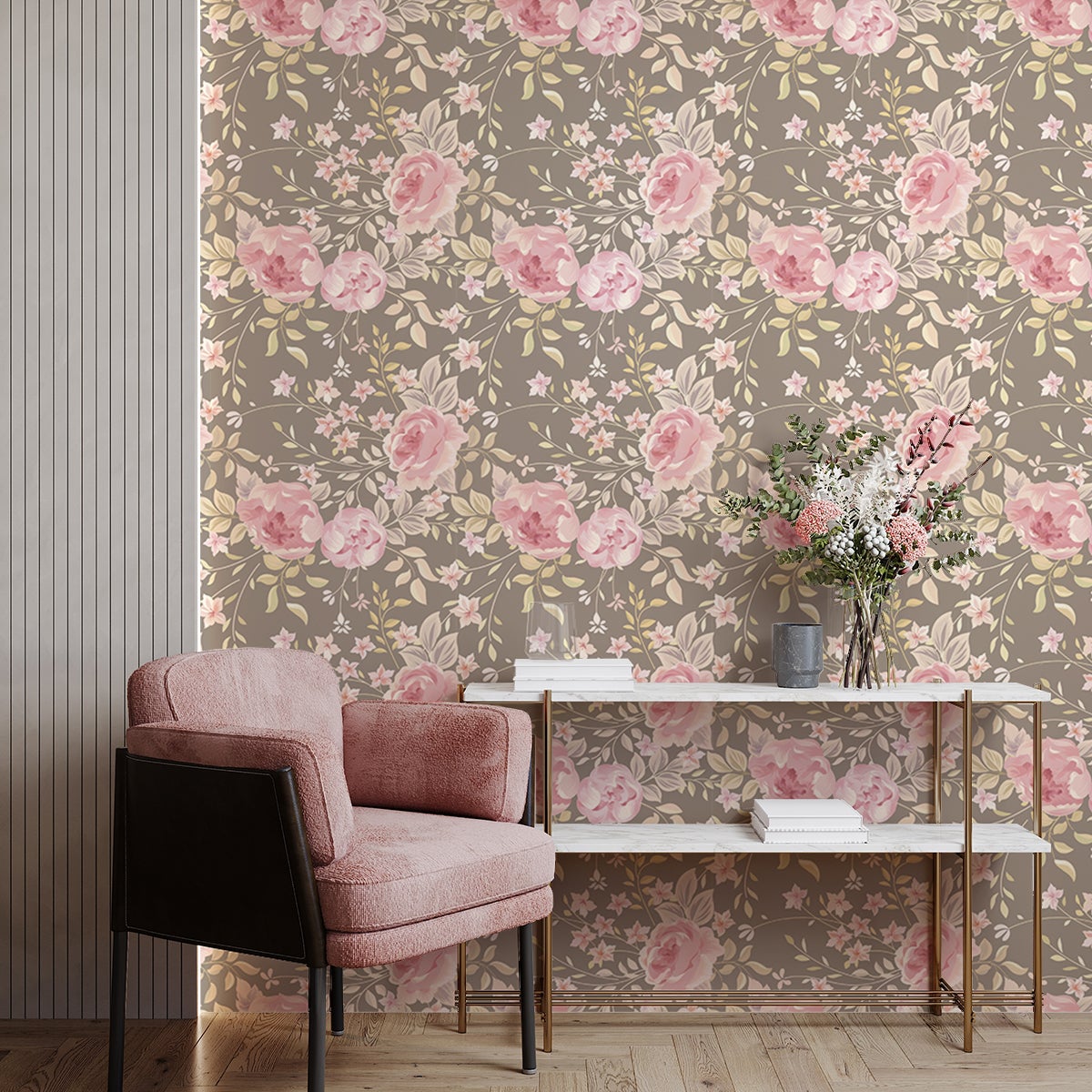 Tapeta włókninowa z klejem - VINTAGE FLOWERS RÓŻOWE PIWONIE SZARE - 1 rolka 300x60 cm