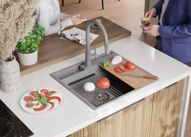 Lavello Da Cucina In Granito Bianco 68x50cm - Top Incasso Con Accessori - Foto 4