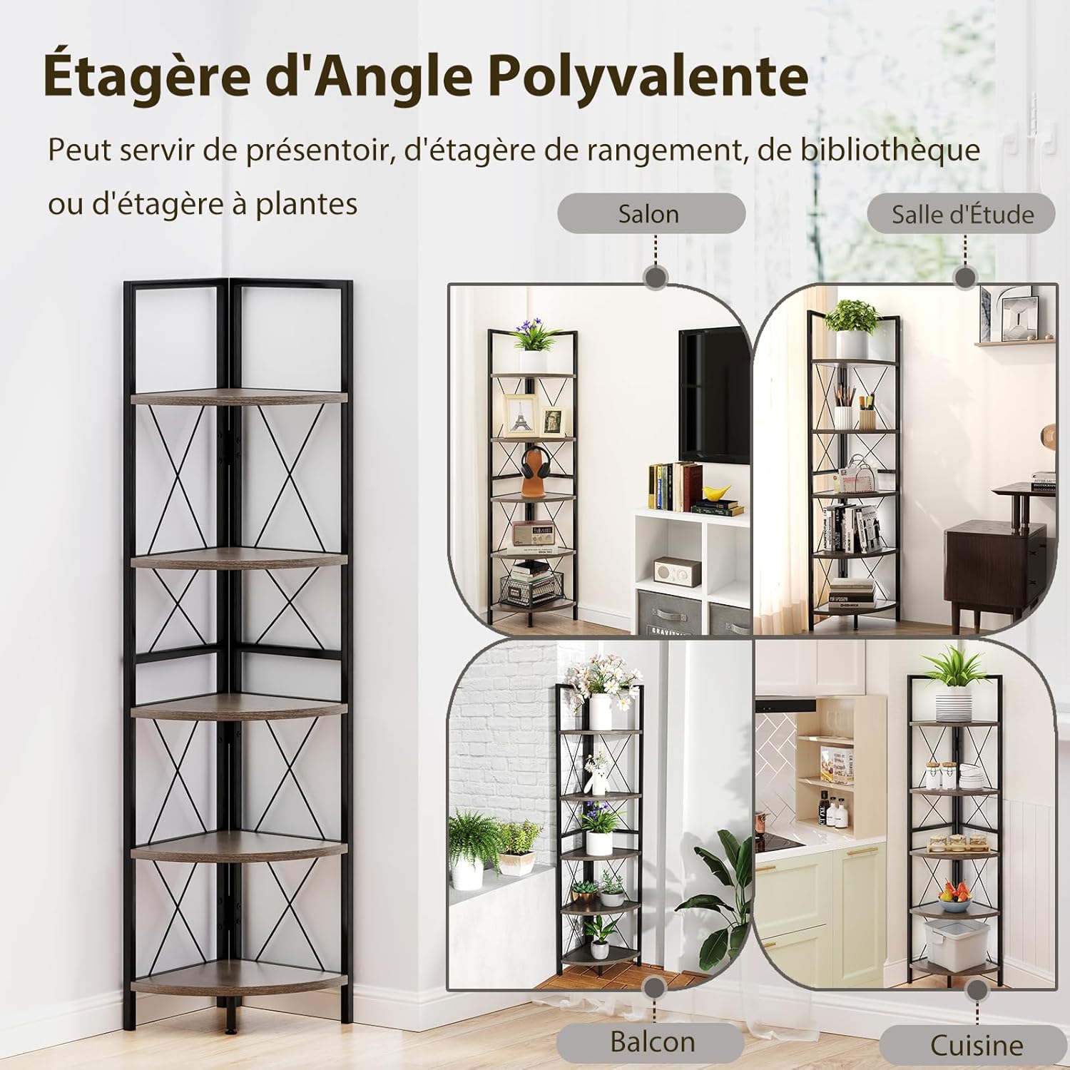 Scaffale Angolare, Libreria Industriale Angolare a 5 Ripiani con Struttura in Metallo, per Soggiorno Ufficio Cucina Spazi Piccoli, 35,5x35,5x1 - 5