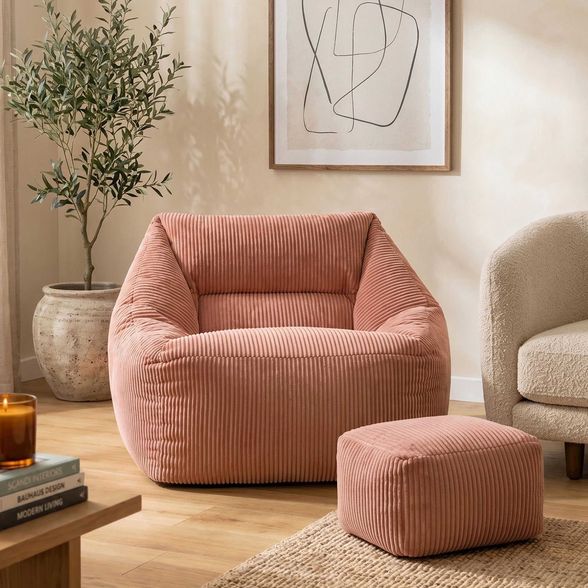 Pouf fauteuil salon avec repose-pied carré Icon velours côtelé rose aube 97x84cm Oeko-Tex® - 2