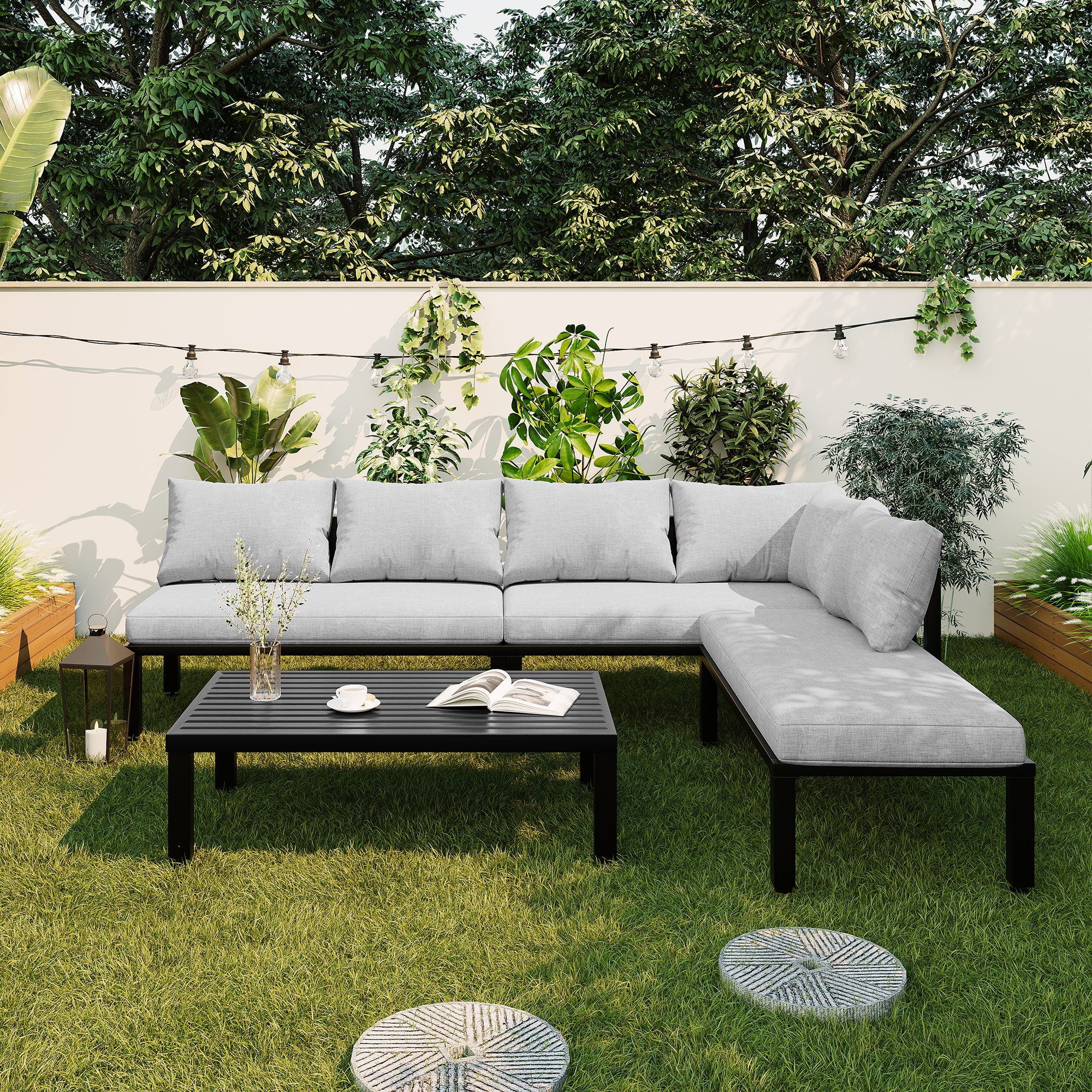 Salon de jardin modulable 6 places en acier galvanisé : canapé d'angle + méridienne + table basse rectanguleire - Gris - 3