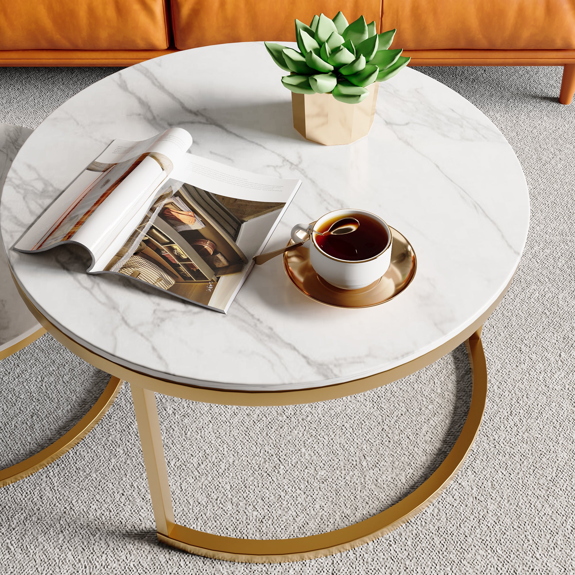 Lot de 2 Tables Basses Gigognes, Table d'appoint Ronde avec Plateau en Marbre Texturé et Cadre en Métal, Bout de canapé pour Salon, Chambre, Doré - 6