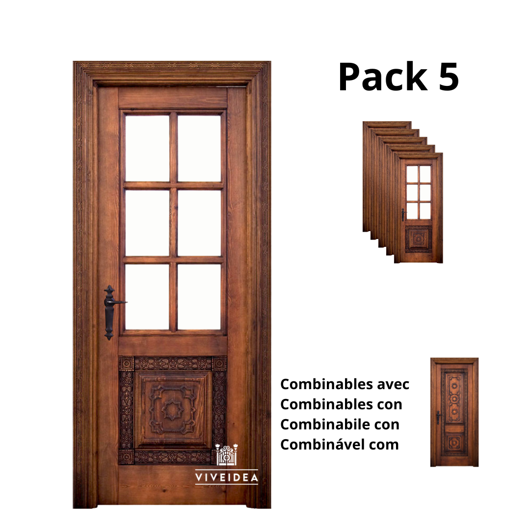PACK 5 Puerta interior una hoja, rústica, tallada, artesanal, madera ...