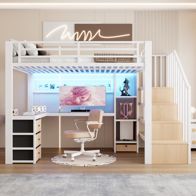 Dolamaní Lit mezzanine, 90 x 200 cm, en métal, avec bureau et escalier, lit de 90 x 200 cm, avec espace de rangement, barre lumineuse LED et port USB, lit en métal